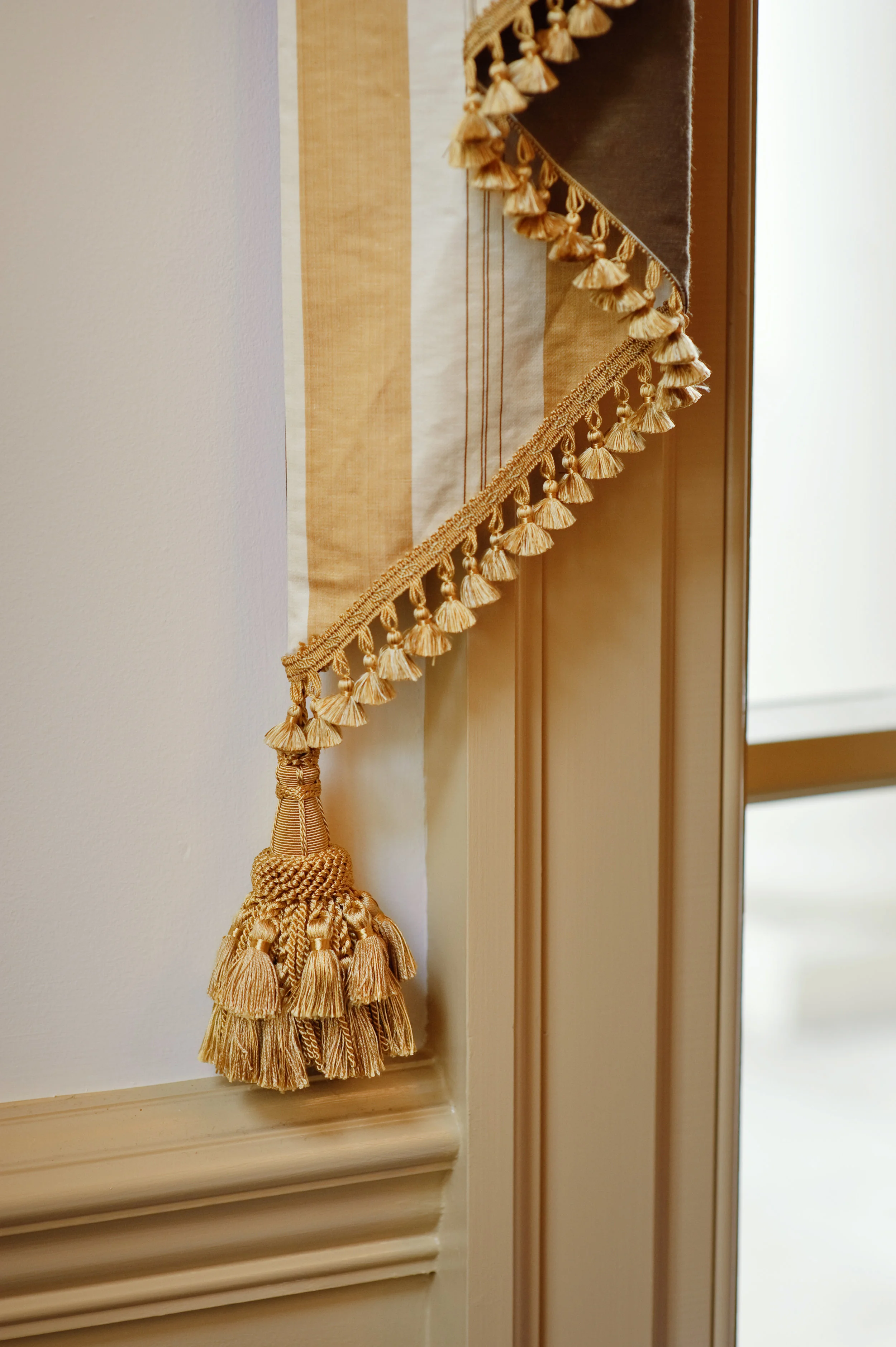 Silk fabric and tassel by Scalamandre Fabrics, one of the great fabric houses for more than a century. 
