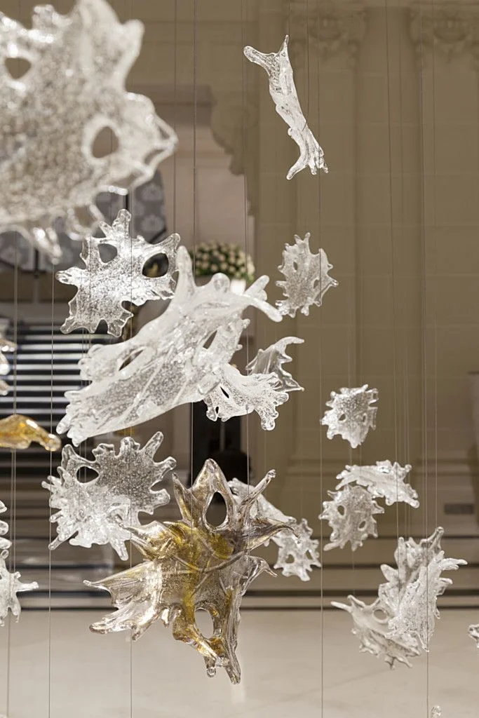 Concept for a glass installation over the grand staircase. This installation is by Lasvit Glass in the Peninsula Hotel in Paris.