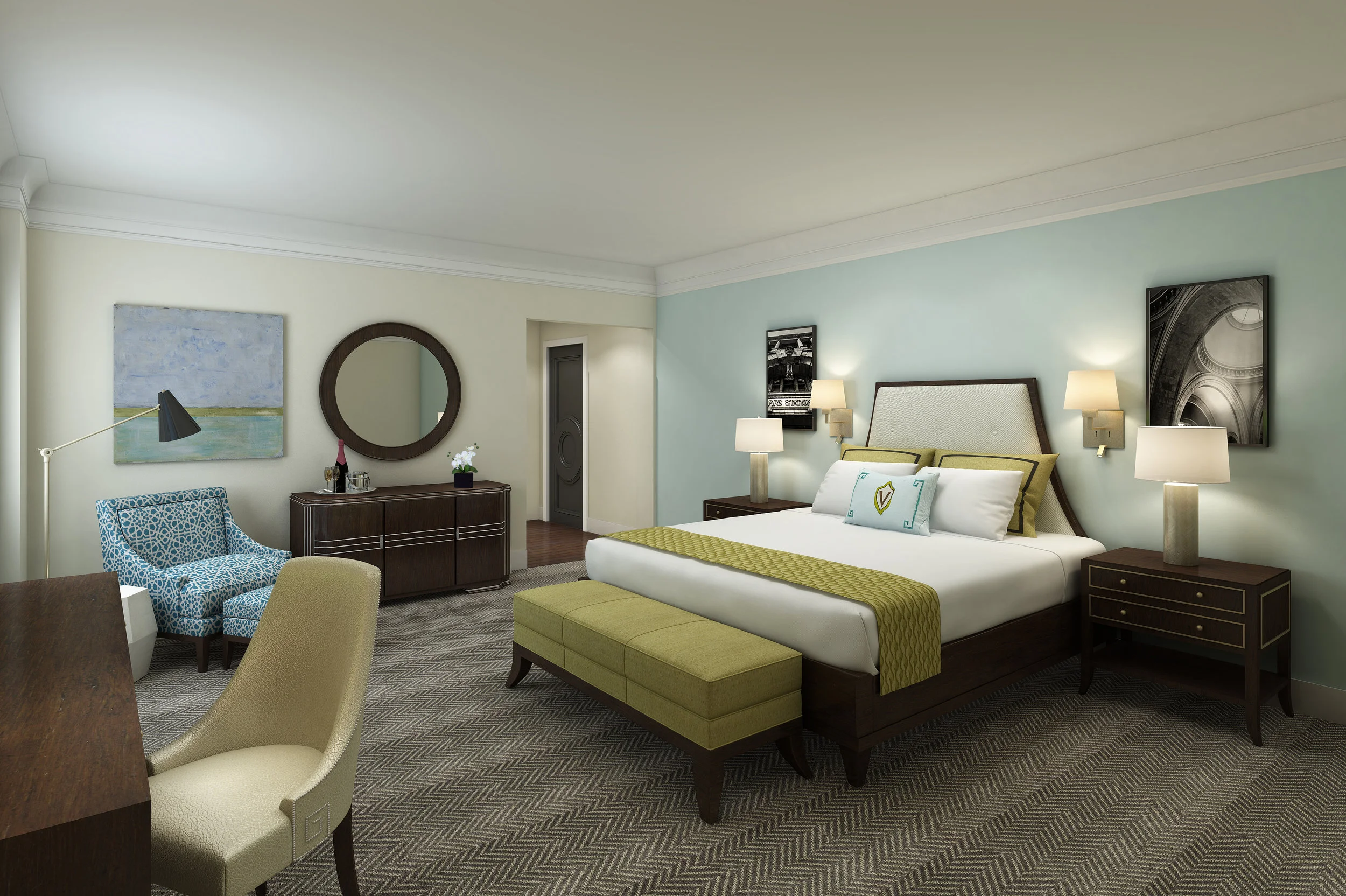 Initial concept for the guest room. Herringbone carpet from Shaw Carpets, Bar based on antique deco bar, fabrics by Kravet, lamps by FlowDecor, mirror by Made Goods, seating by Mitchell Gold.