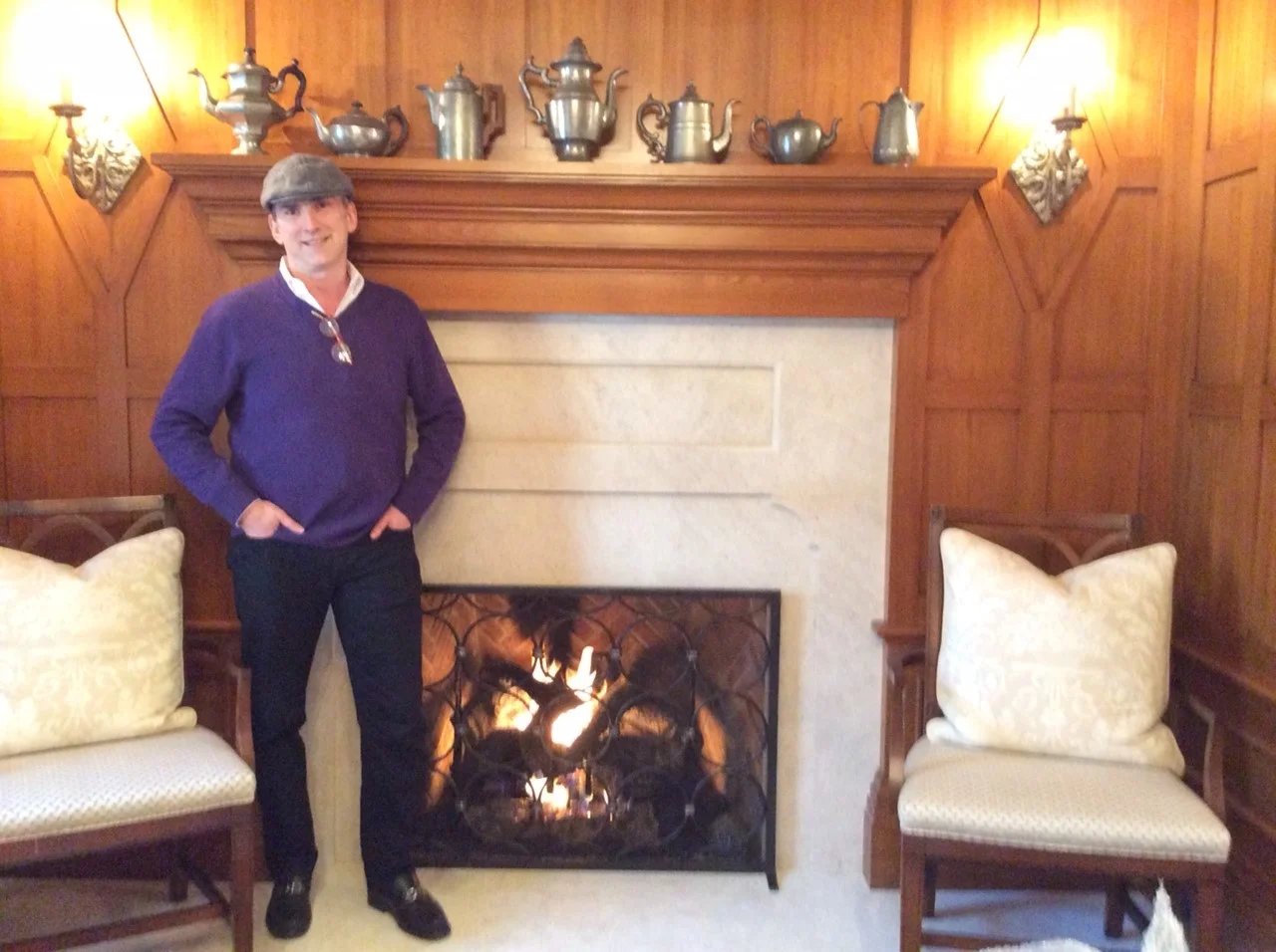 There is a great joy in putting the final pieces in place! Firescreen is by Brad Robinson, one of my favorite blacksmiths. A collection of pewter tea pots became a passion of the owner. 