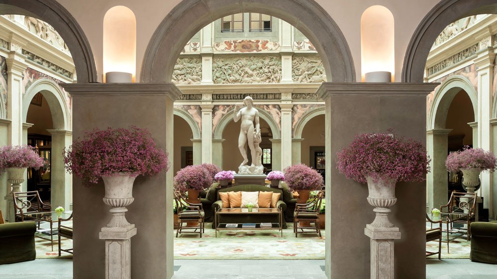 Four Seasons Hotel Atrium in the historic Palazzo Scala Della Gherardesca. Our exclusive tour group will share a luxury brunch followed by a tour of the house and gardens with the hotels general manager.