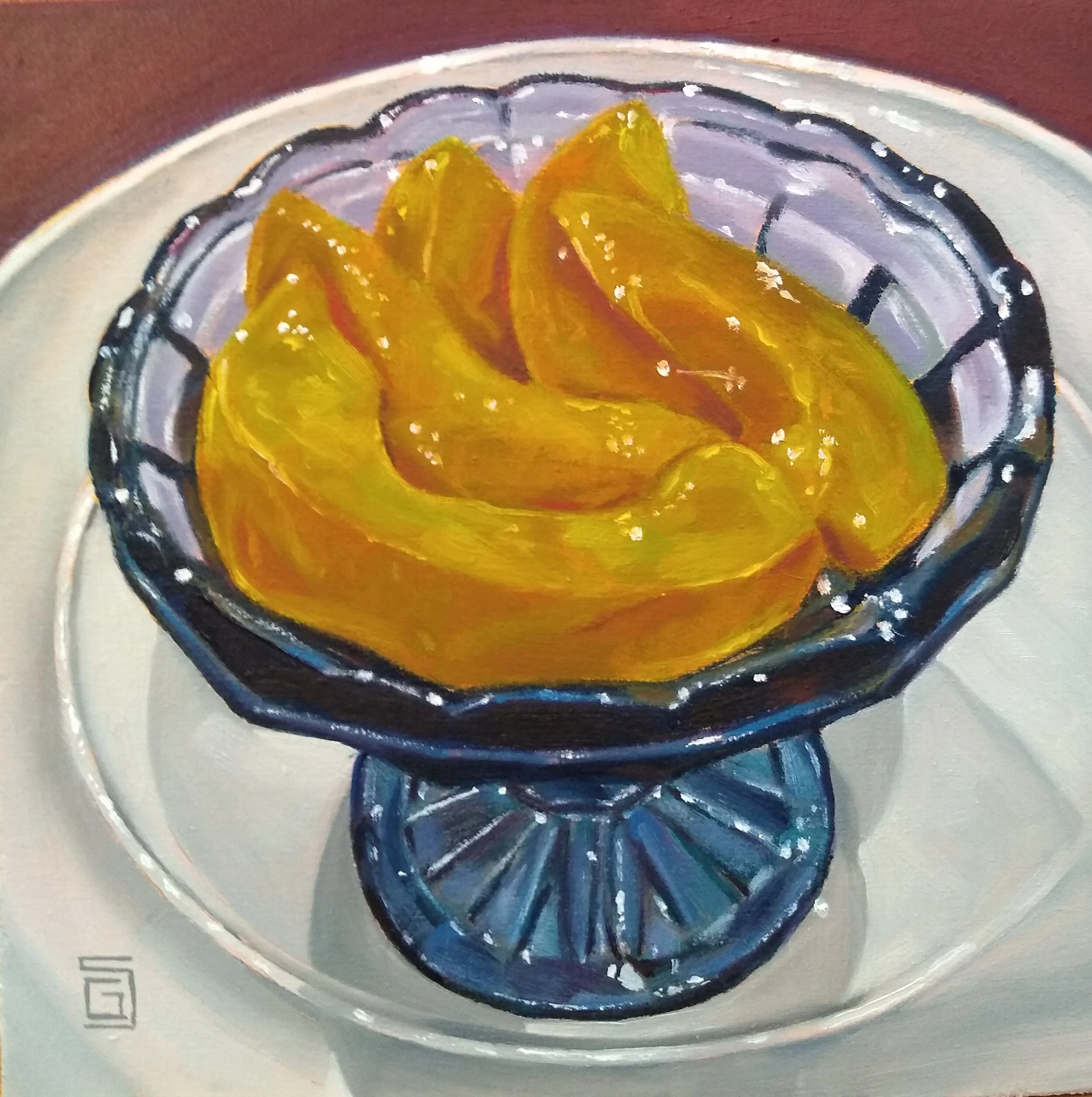 Blue Dish with Peach Slices