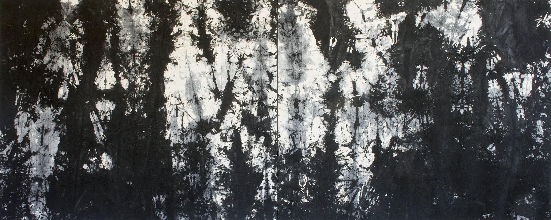    Luminous beings are we  , India ink on raw canvas, 47 x 116 inches (two panels), 2014 