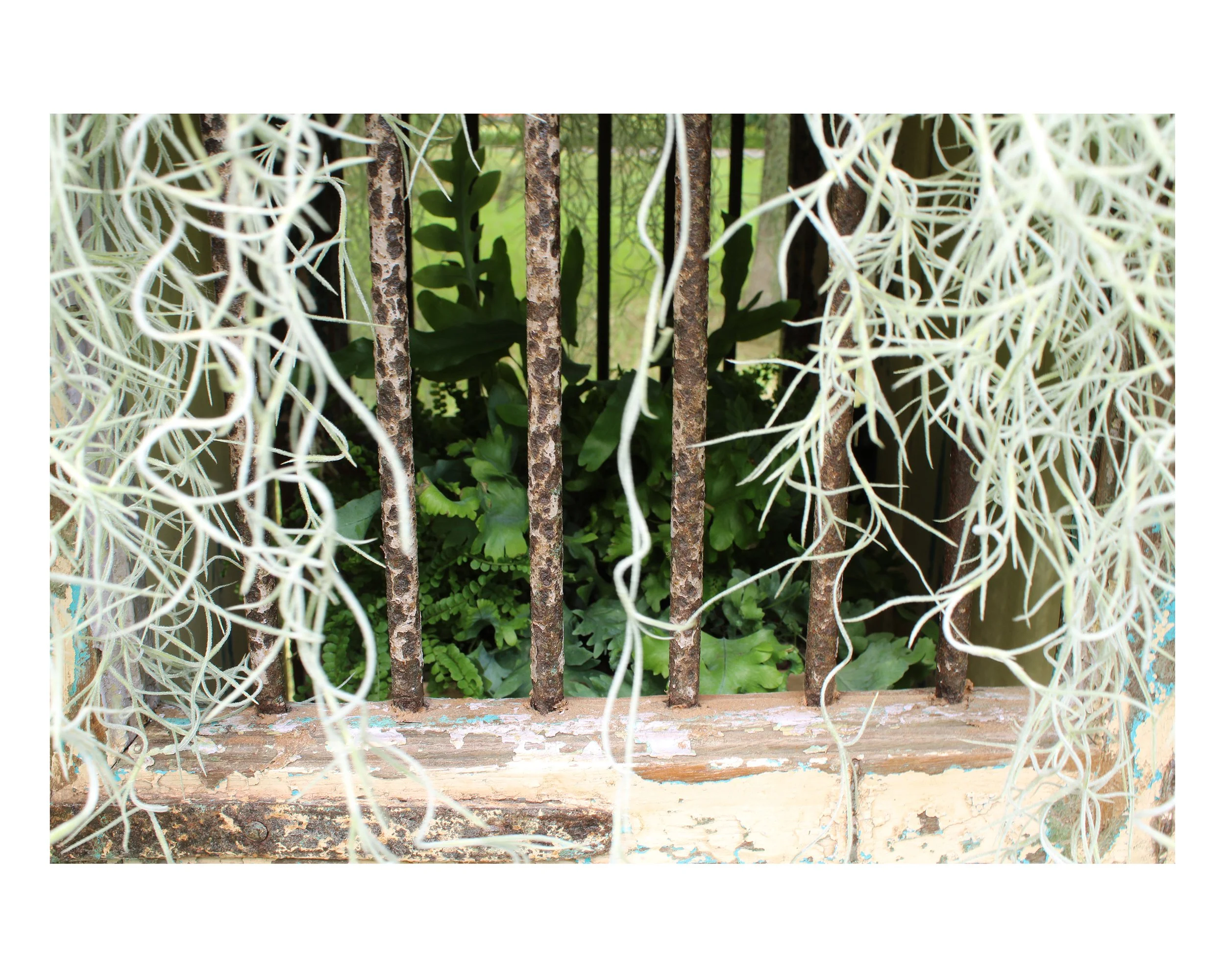   Understory  , 2026 (detail 1)  Spanish moss, found architectural elements, stainless steel mesh, nylon mesh, plant material, soil  80 x 36 x 36 in (approx.)    Understory  is an outdoor installation in which found architectural elements are assemb