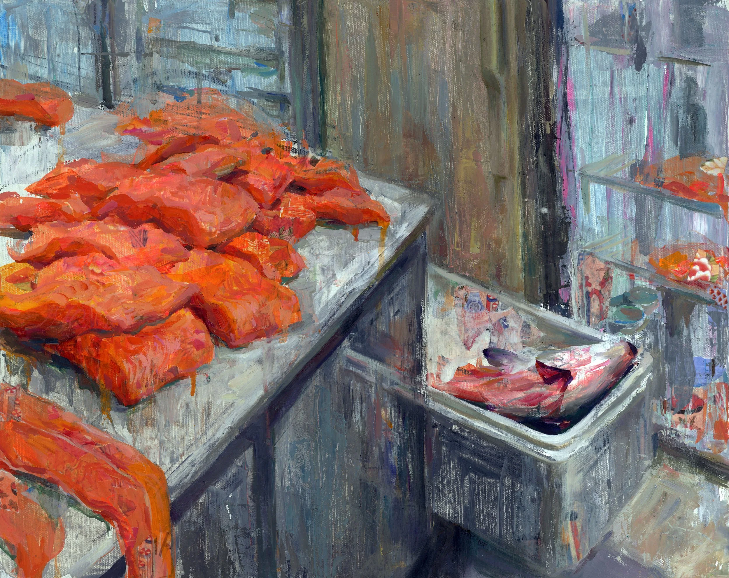   Reiteration , paper collage, oil on canvas, 30”x24'“, 2023 