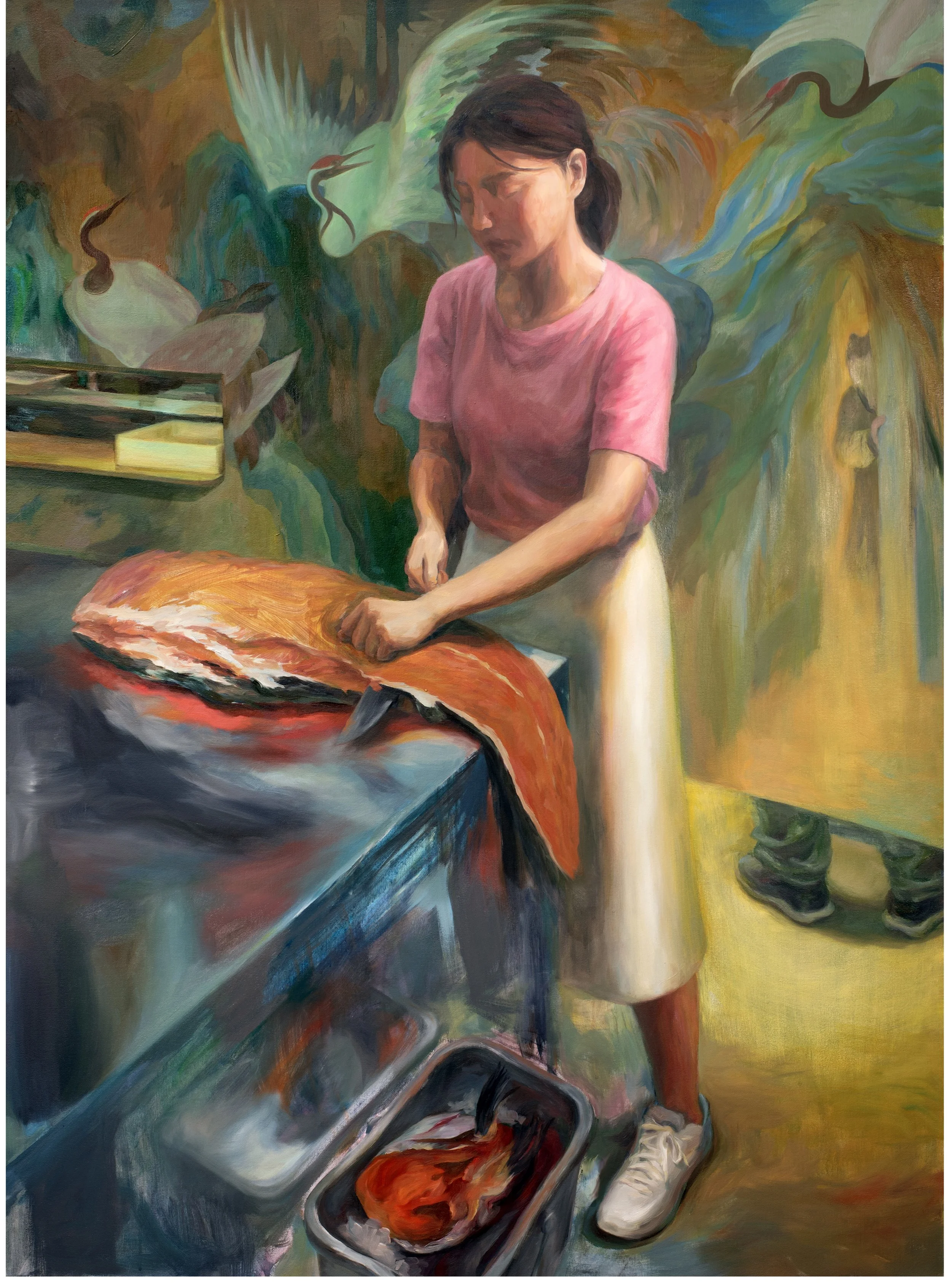   Kata (カタ),  salmon ash, oil on canvas, 52”x40,” 2026 
