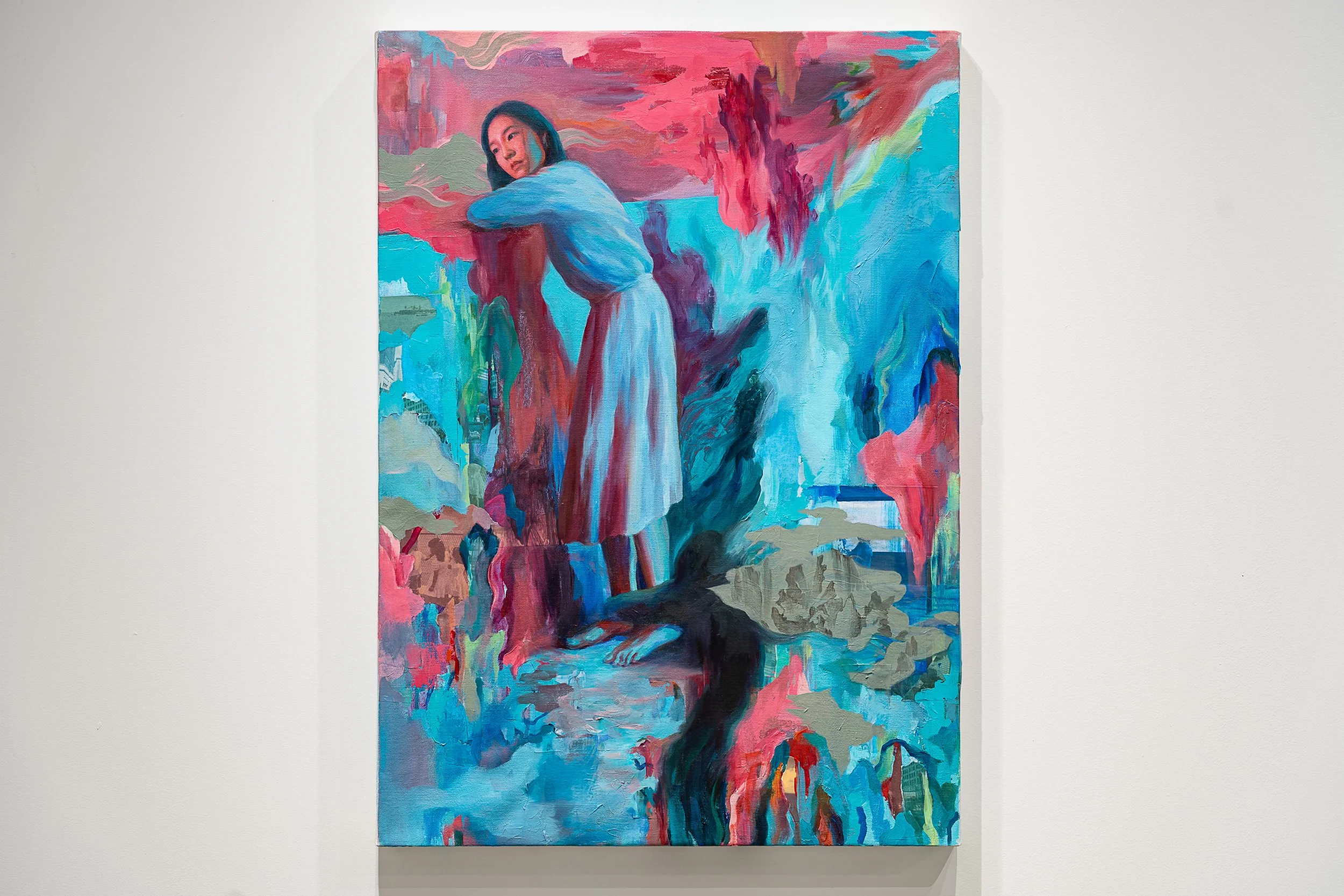   Between , Hanji, paper collage, acrylic and oil on canvas, 25”x34,” 2026 