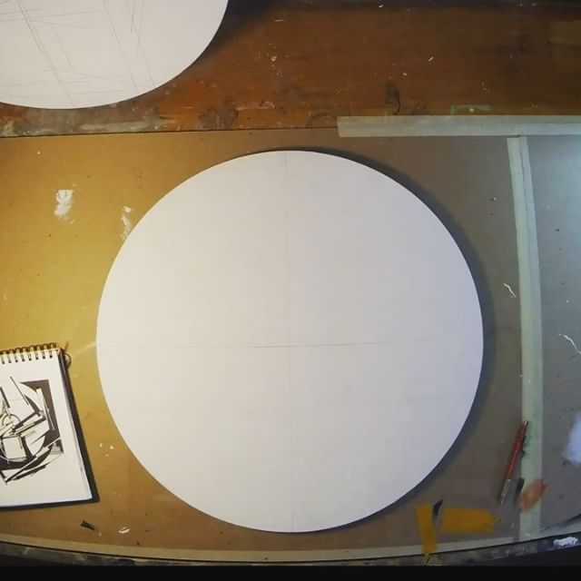 Extension Files, 2018
24 in. diameter x 1 inches deep [ 60.96 cm diametro  x 2.52 cm.] Found paper, acrylic, screen-print, ball point pen, graphite and white-out on cradled birch panel. 
Sealed in archival matte varnish. Finished in satin varnish.&nb