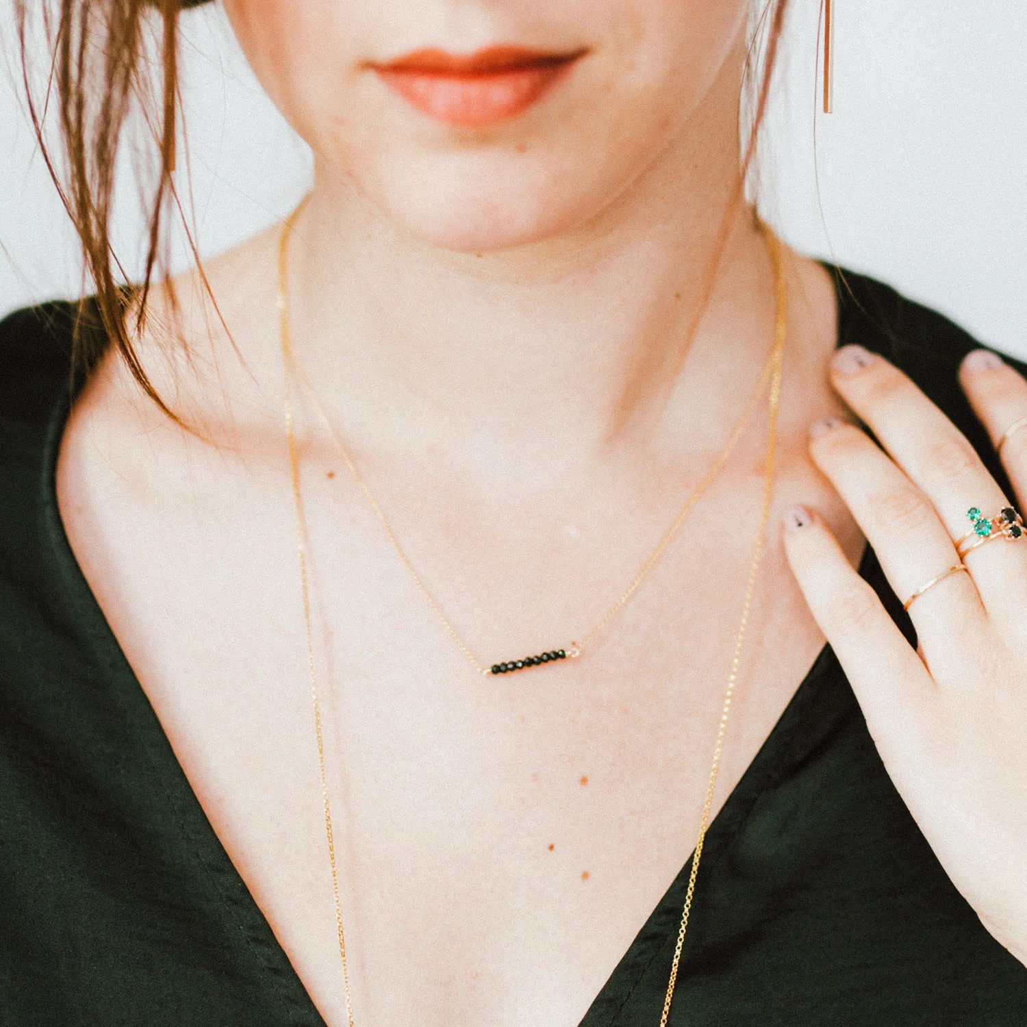 Tiny Black Stone Ellipsis Layering Necklace