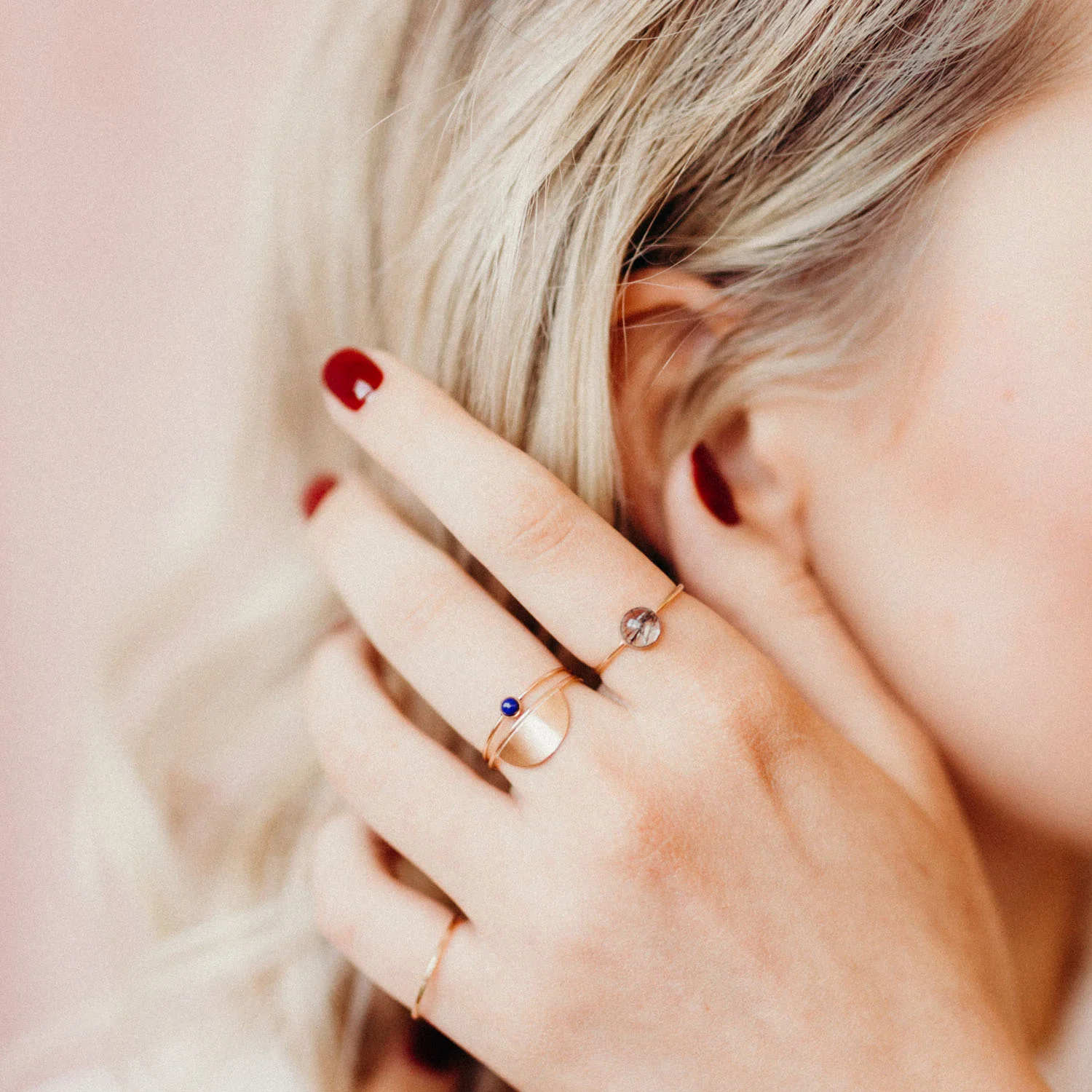 A hemisphere of metal is attached to a smooth band to form a ring perfect on its own and striking when doubled up. These rings also form a beautiful anchor to a stacking ring set.