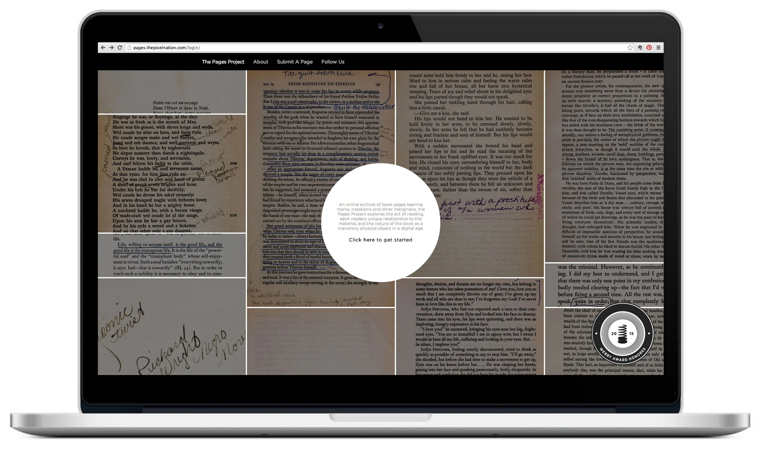   An online archive of book pages bearing marks, notations and other marginalia, the Webby award winning  Pages Project &nbsp;explores the act of reading, each reader’s unique relationship to the material, and the nature of the book as a transitory p