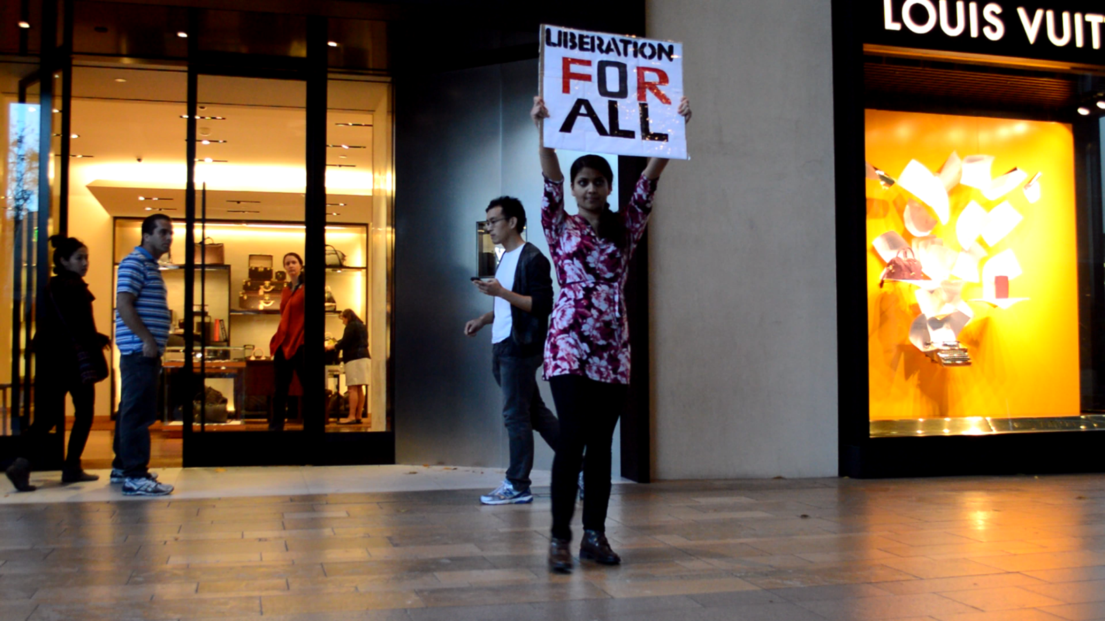 DxE activists suddenly freeze inside of a Louis Vuitton store, to convey the message, "STOP THE VIOLENCE." 