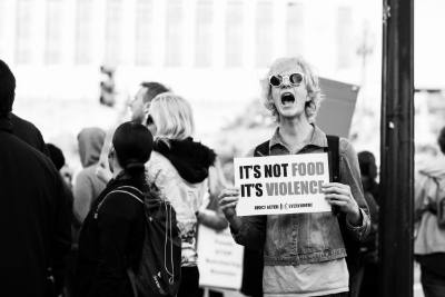 From a DxE demonstration (January 11, 2015) protesting Whole Foods Market's deceptive "humane meat" marketing campaign. 