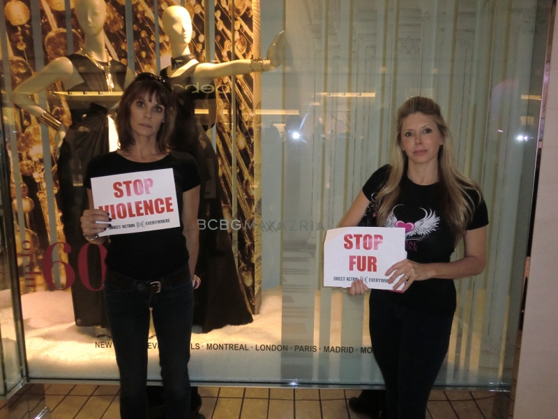 Alexandra Paul and TV host Michelle Harris in the Beverly Center on Fur Free Friday, Nov. 2014.
