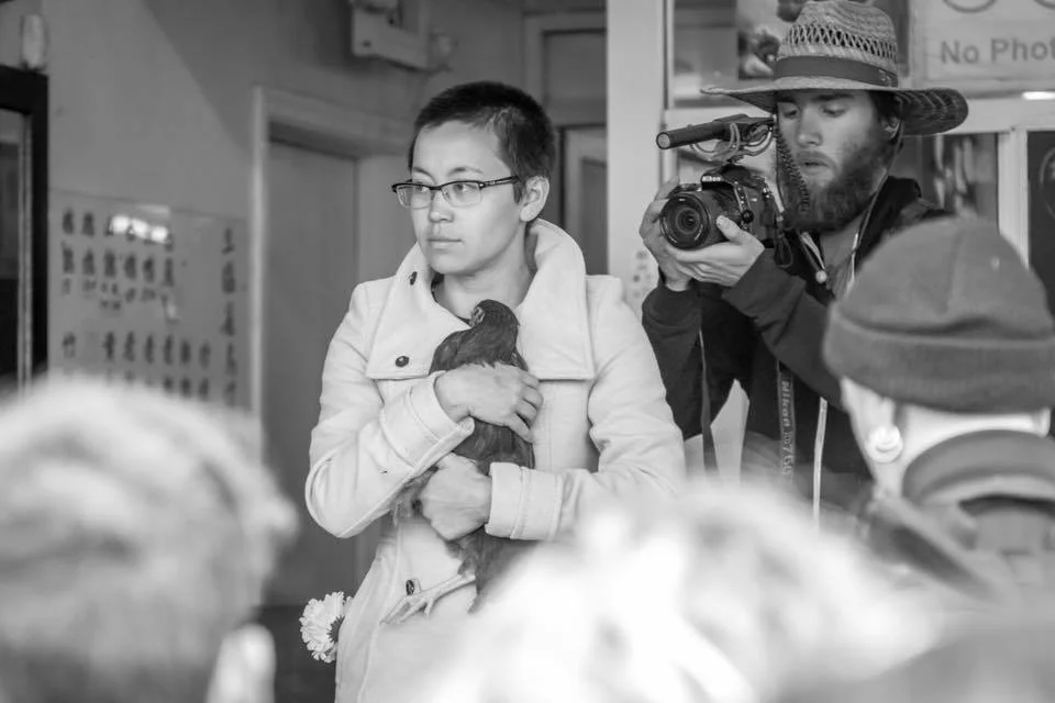 Hana Low rescues a bird from the slaughterhouse as Aidan Cook films. Photograph by Alex Bez.