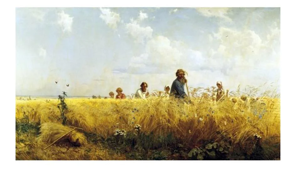 "Time of harvesting," painting by Grigoriy Myasoyedov, 1887.