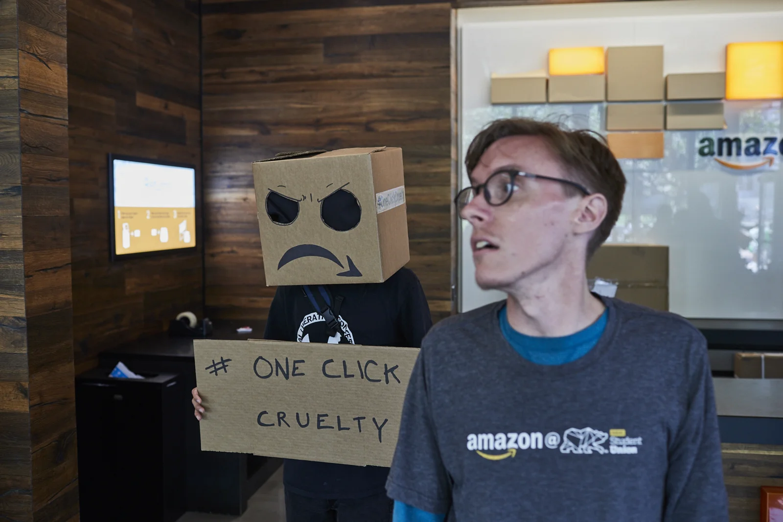 “Amazon Creeper” inside Amazon store on UC Berkeley campus with store manager.