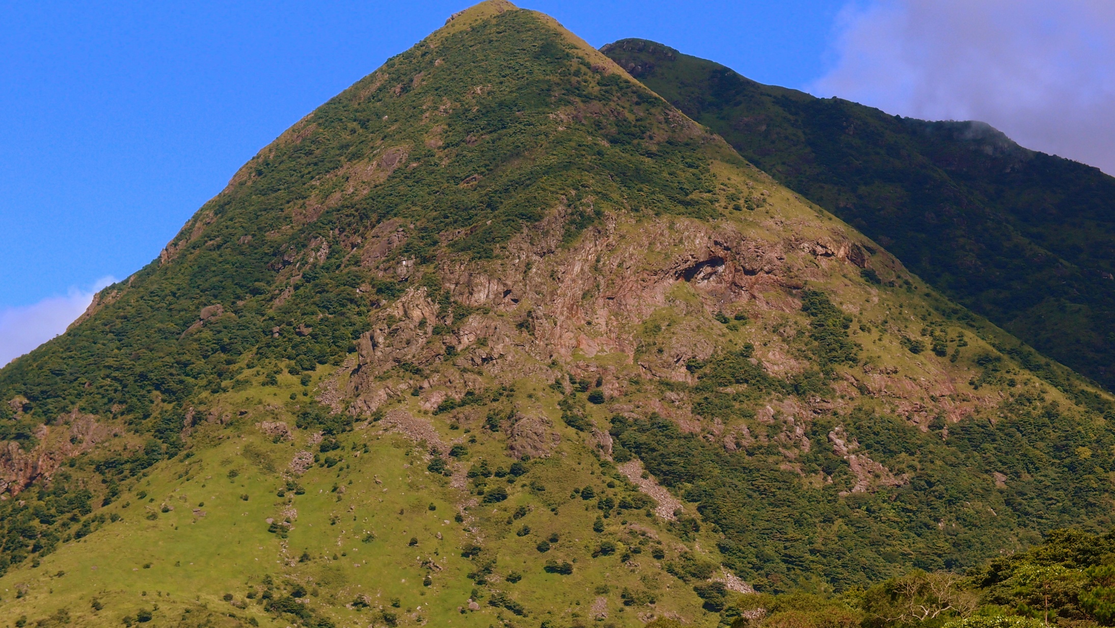 Crystal clear, you can see Golden Orb spiders spinning webs at the peak!