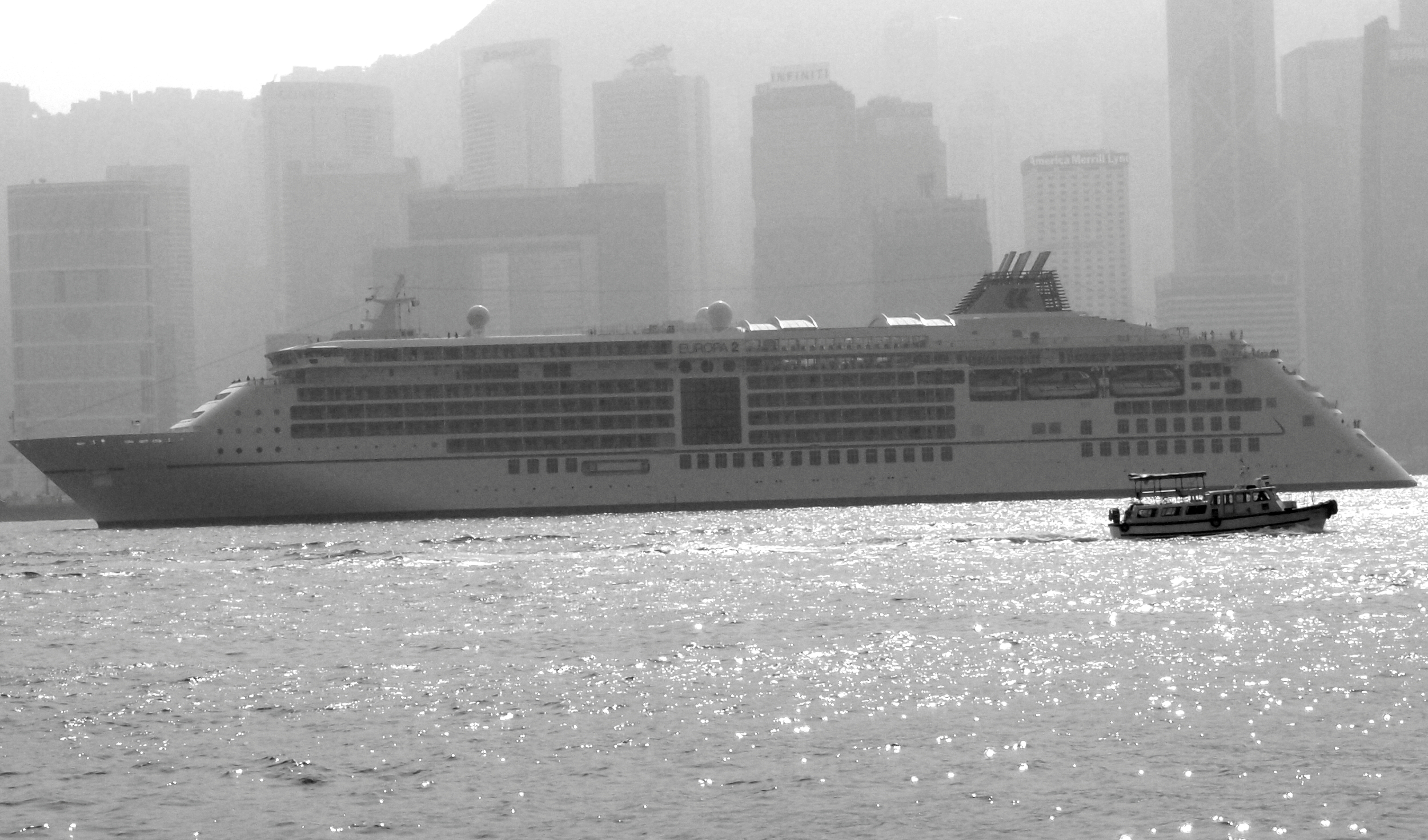 The Europa 2 sailing out of a smoggy Hong Kong harbour on January 5th 2014