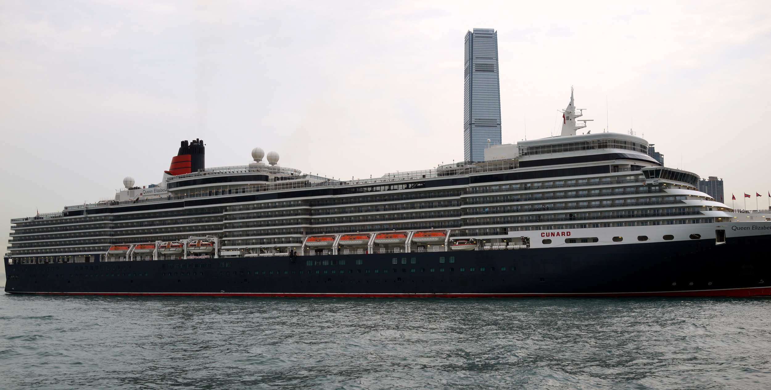 The very, very large / long Queen Elizabeth docked at the Ocean Terminal