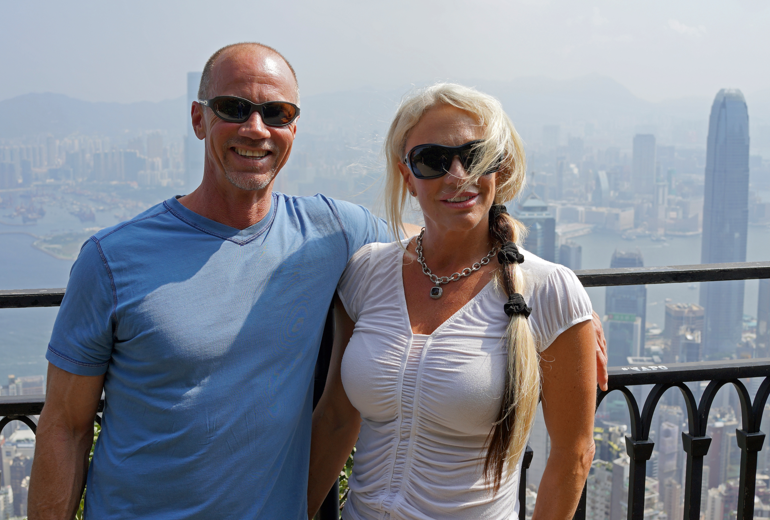 Marshall and Reggie from the USA enjoying the stunning city views from my spot at the Peak on Hong Kong Island