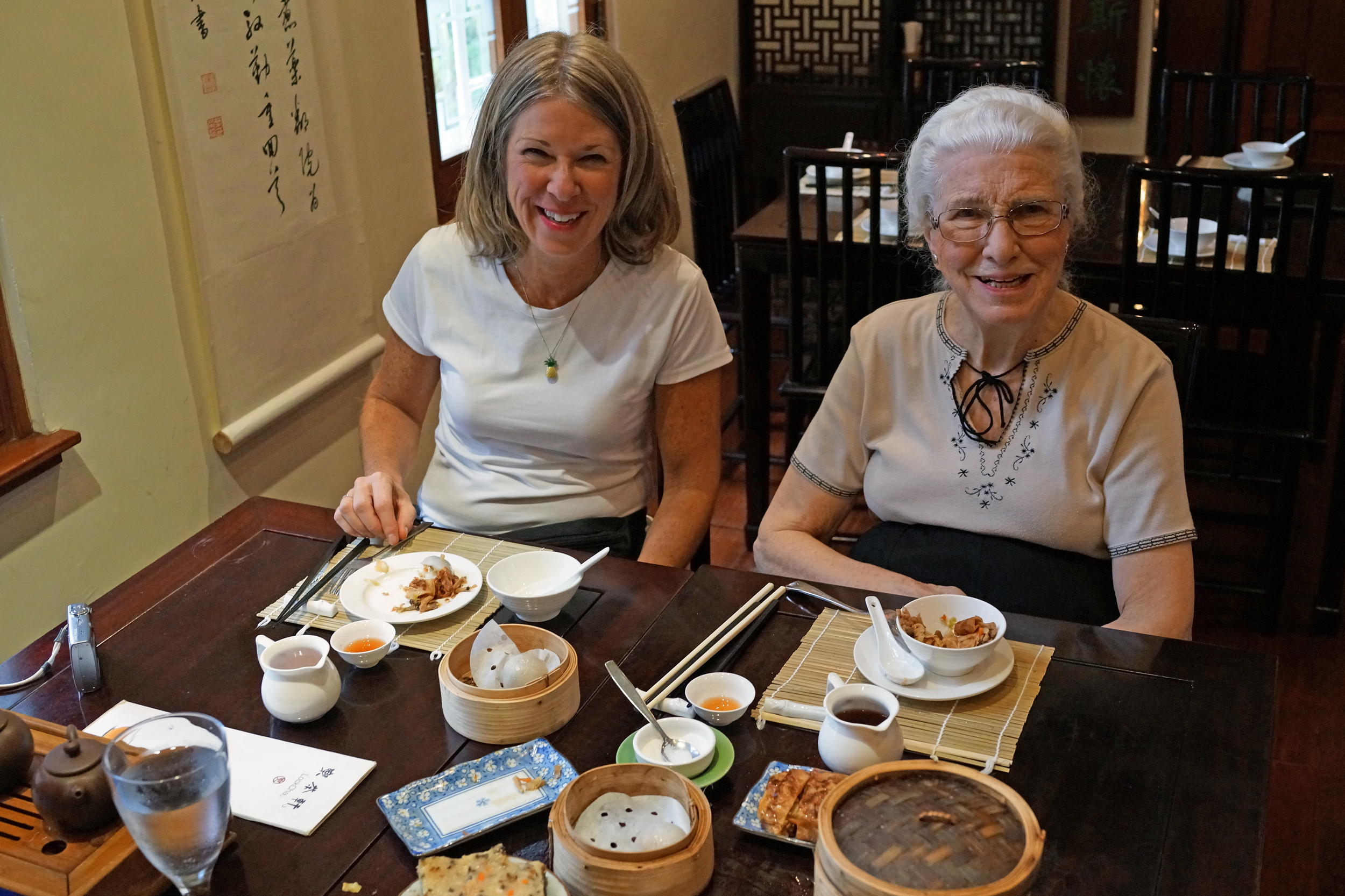 Shelley and Norma enjoying tea and veggie dim sum at the Lok Cha Tea House in Hong Kong Park
