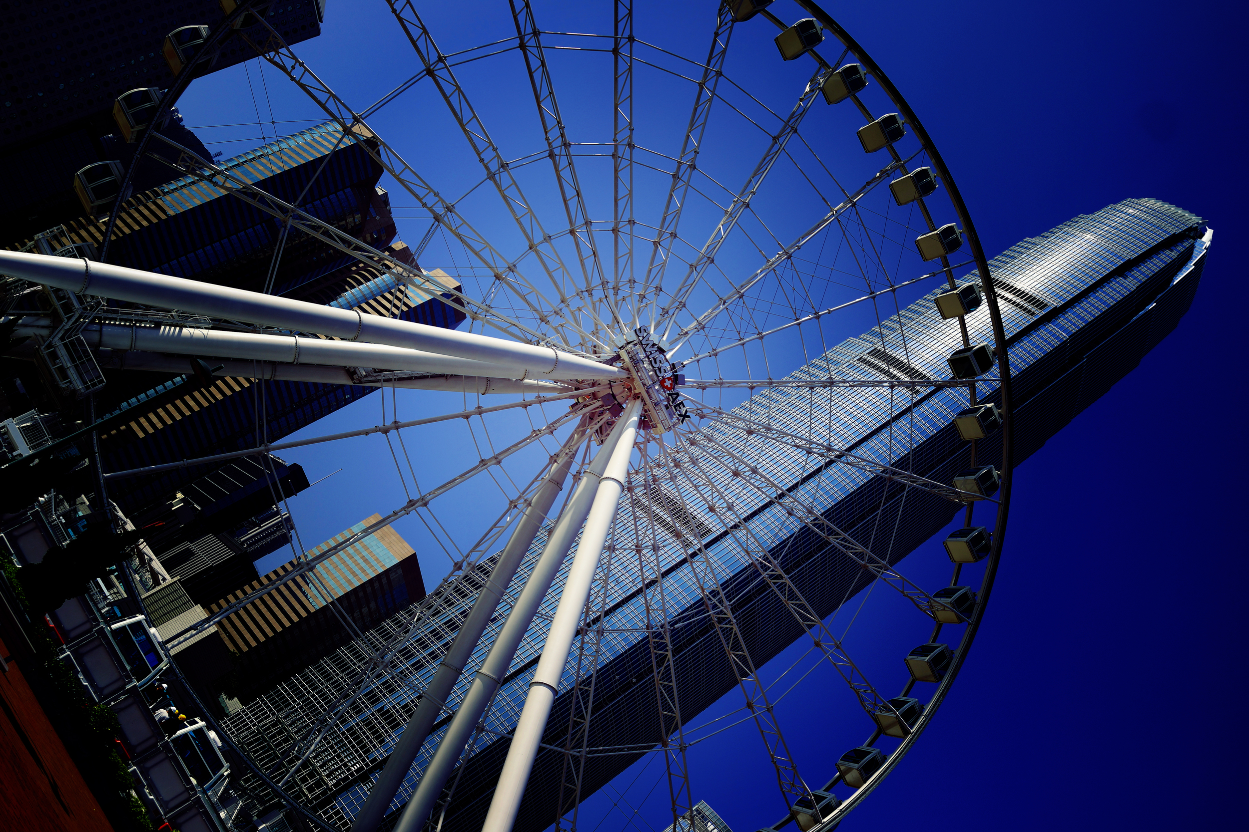 A lovely image (even though I say so myself) of the much delayed giant hampster wheel, (sorry, Hong Kong Eye) on the central waterfront park.