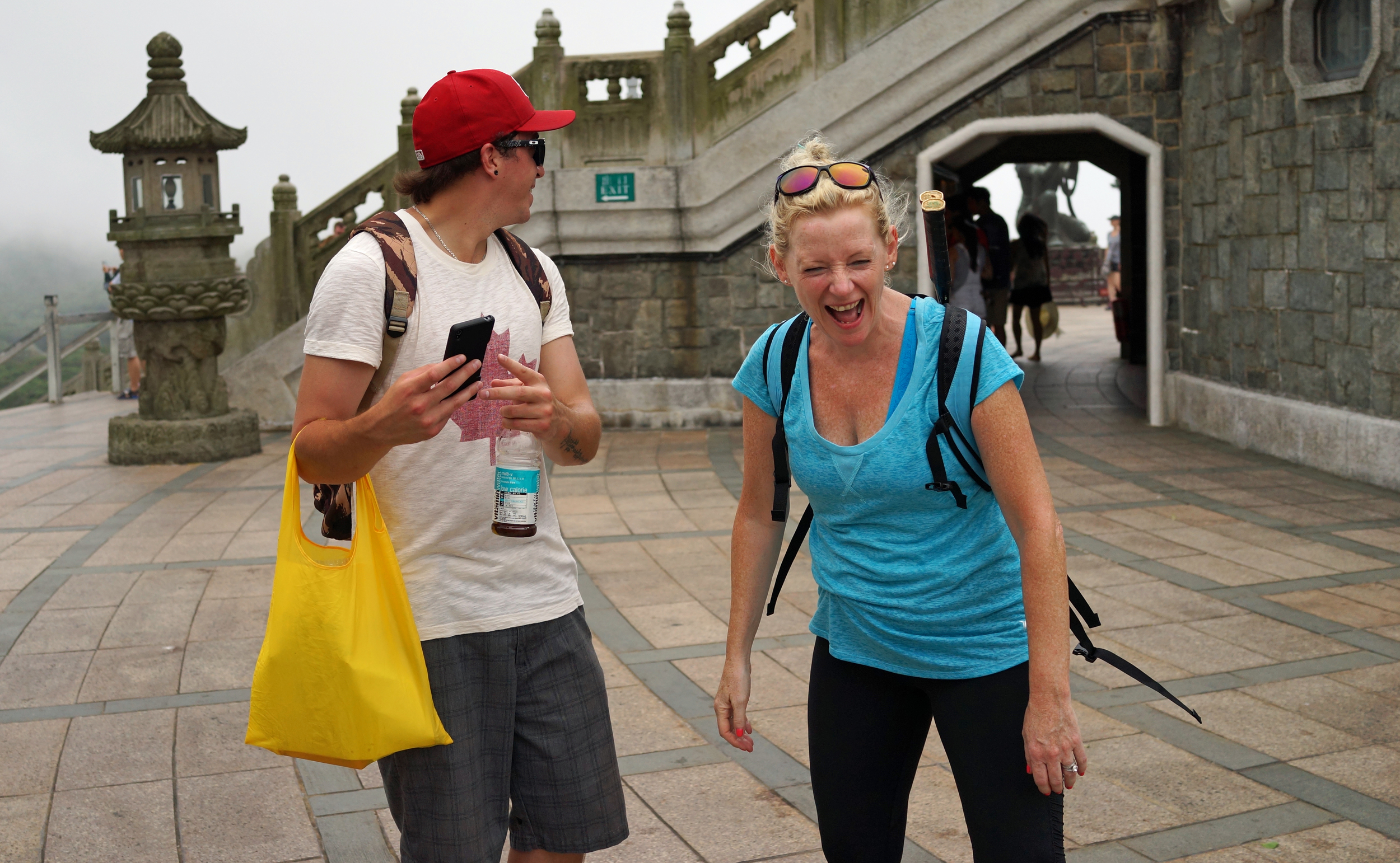 Sue and her nephew Stevie having a laugh at the Big Buddha on Lantau Island