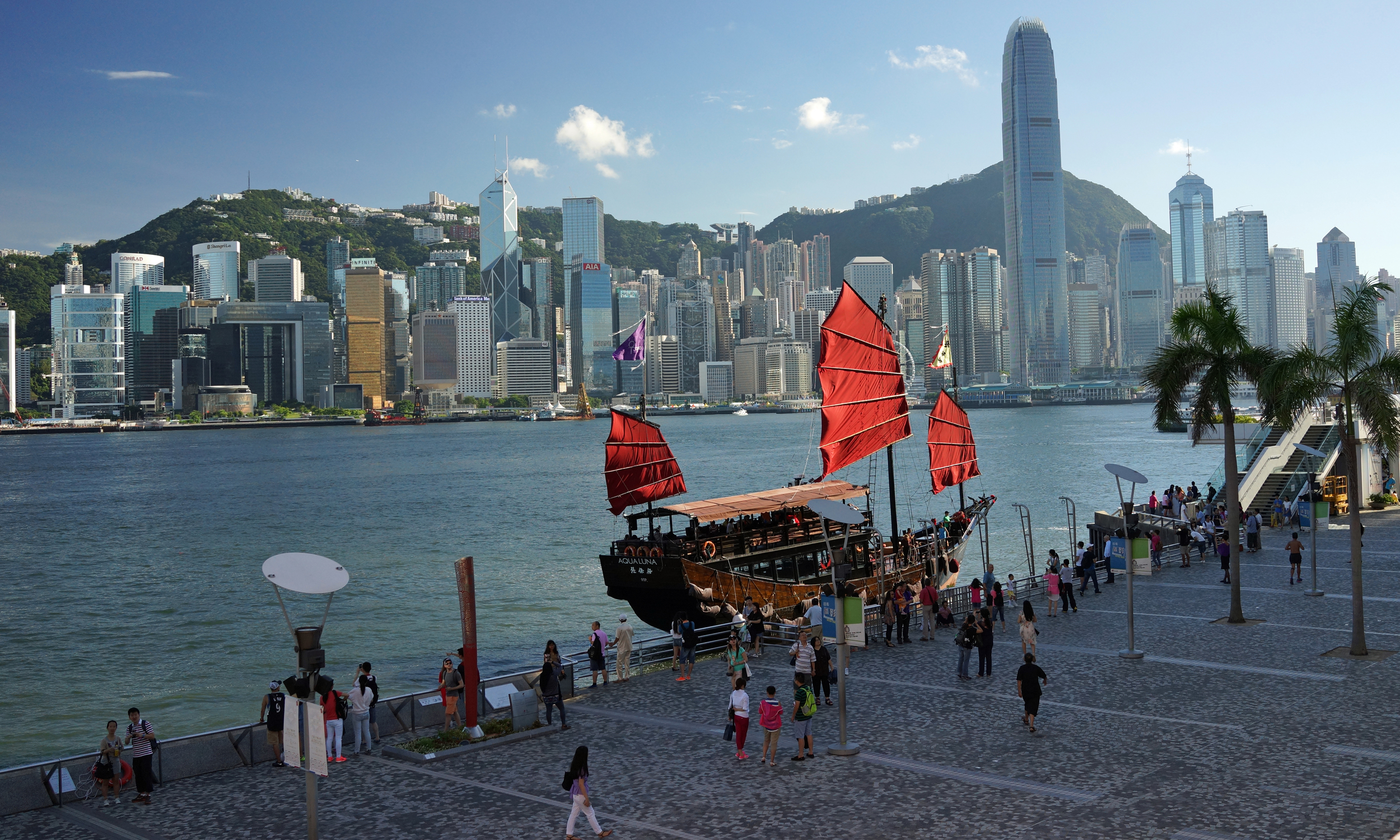 This is my favourite image of the iconic Aqua Luna fishing junk which putters around the harbour day and night... it was a lovely clear day and just look at the view of Hong Kong Island!! ...