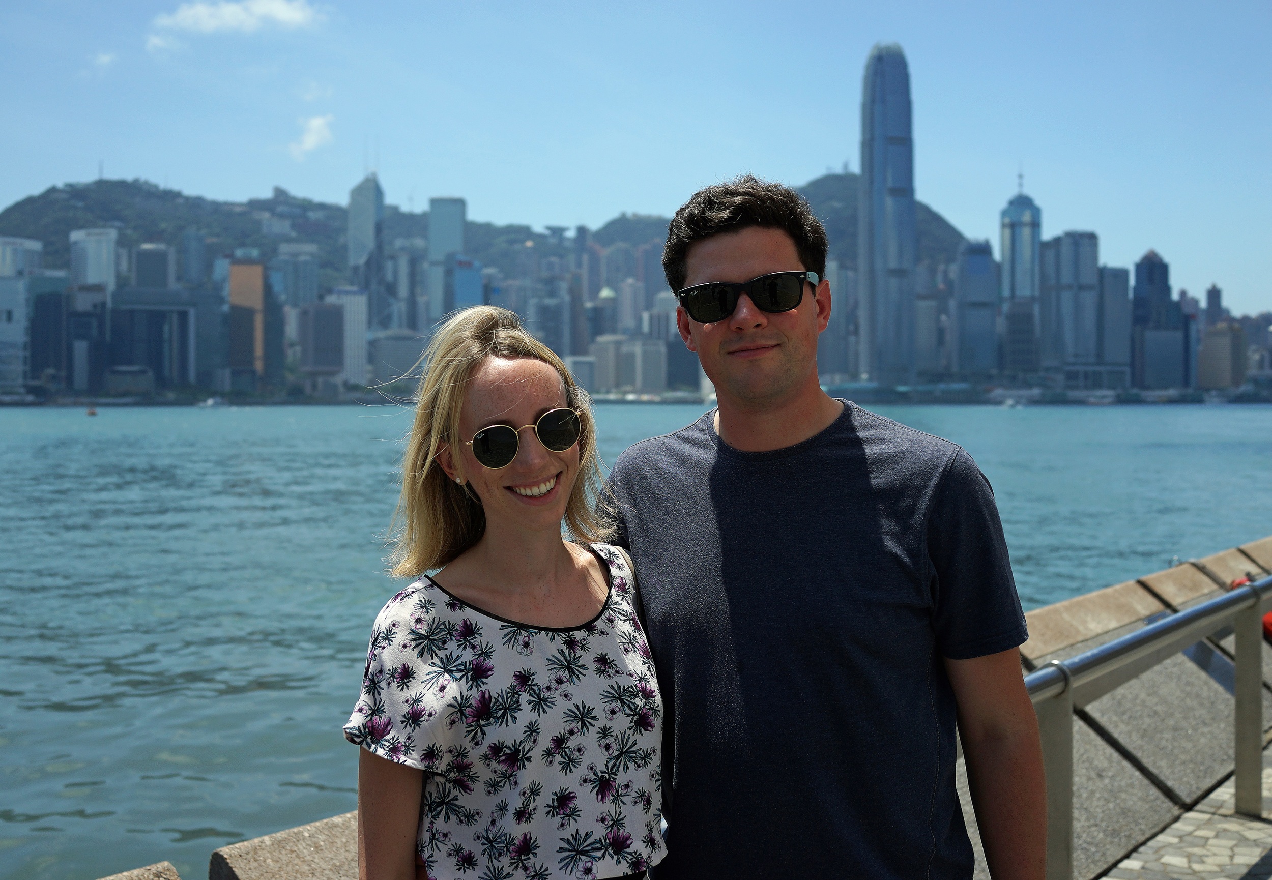 Ceci and Rory from the UK enjoying the awesome view of Hong Kong Island from TST Promenade. -