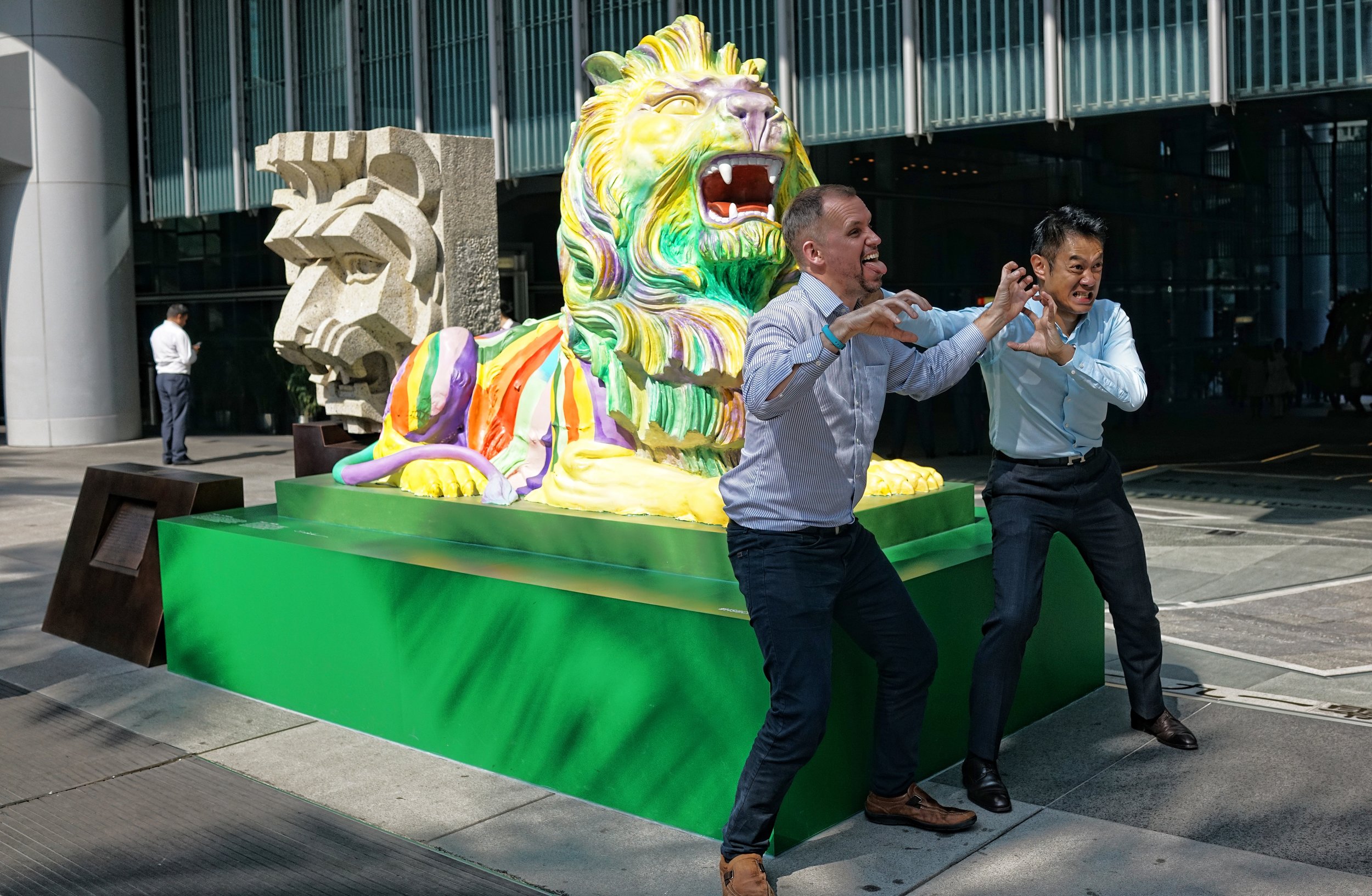 The LGBT Lions at HSBC Hong Kong headquarters with a couple of employees going a bit daft... the Lions have certainly caused a bit of a stir in a very conservative Hong Kong.