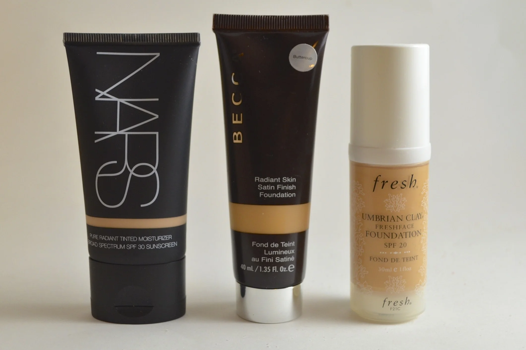 Nars Pure Radiant Tinted Moisturizer in Alaska review, Becca Radiant Skin Finish Foundation in Buttercup review, Fresh Umbrian Clay Foundation in Chalet Girl review