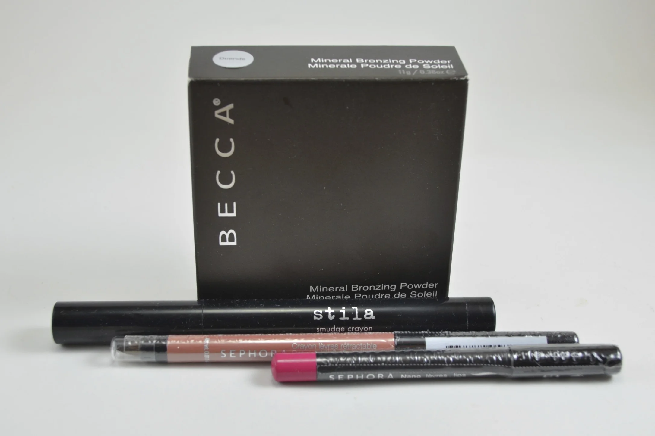 Becca Mineral Bronzer Duende, Stila Smudge Crayon Black, Sephora nude lip liner, sephora nano lipliner