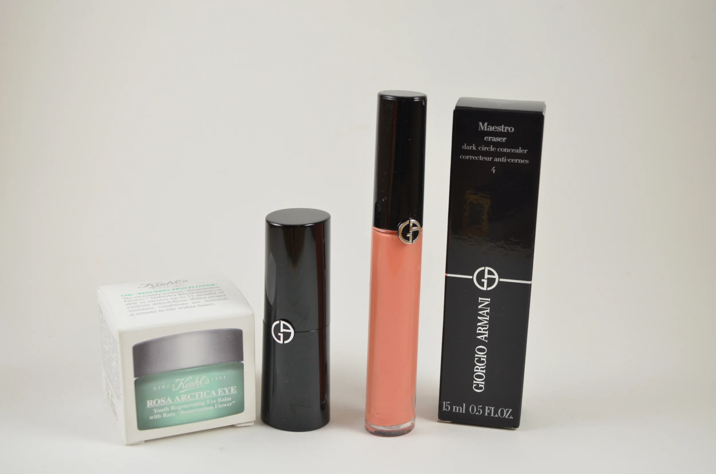 Kiehl's Rosa Artica Eye Balm, Armani Rouge d'Armani Lipstick 103, Armani Gloss d'Armani 103, Armani Maestro Eraser 4