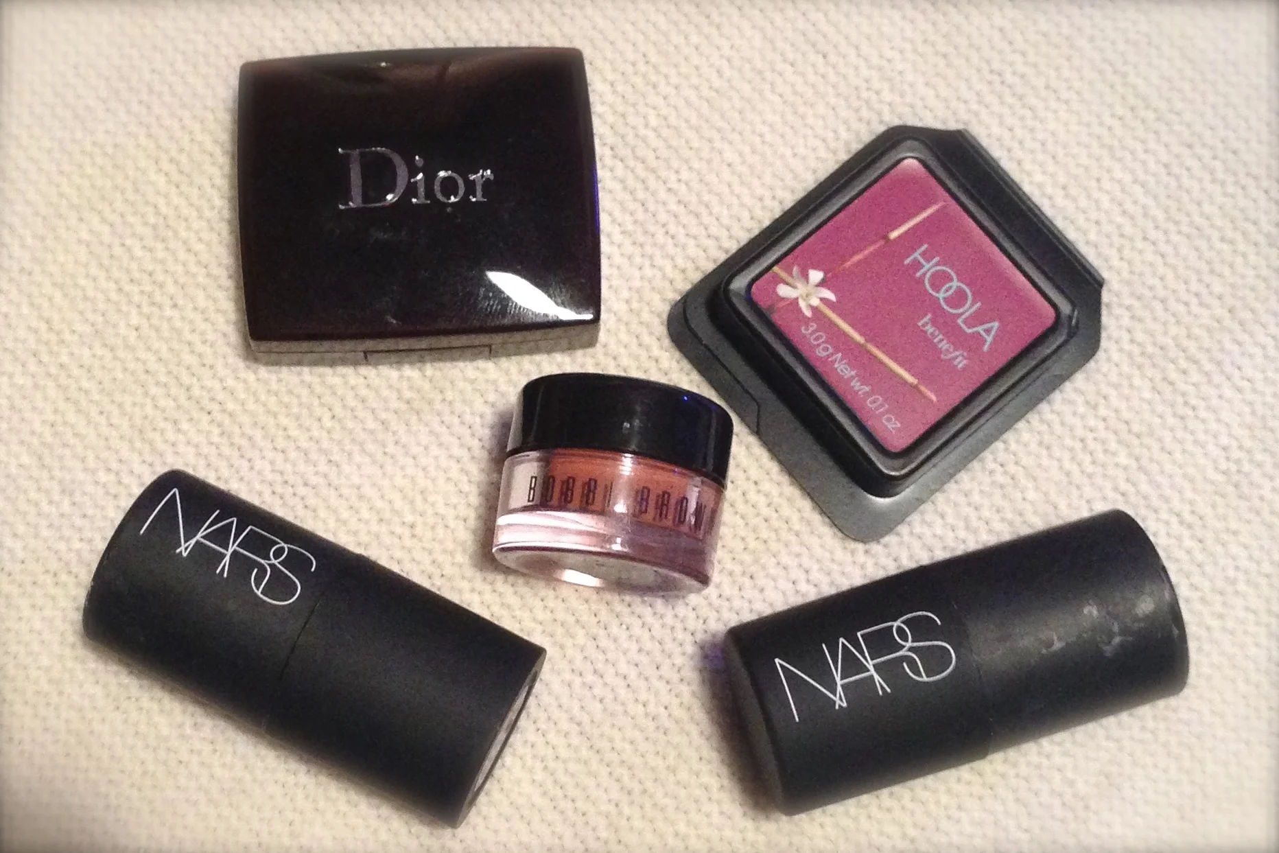 Dior Bronzer (discontinued), Benefit Hoola Bronzer, Bobbi Brown Pot Rouge in Summer Tan (discontinued), Nars Multiple in Palm Springs & South Beach