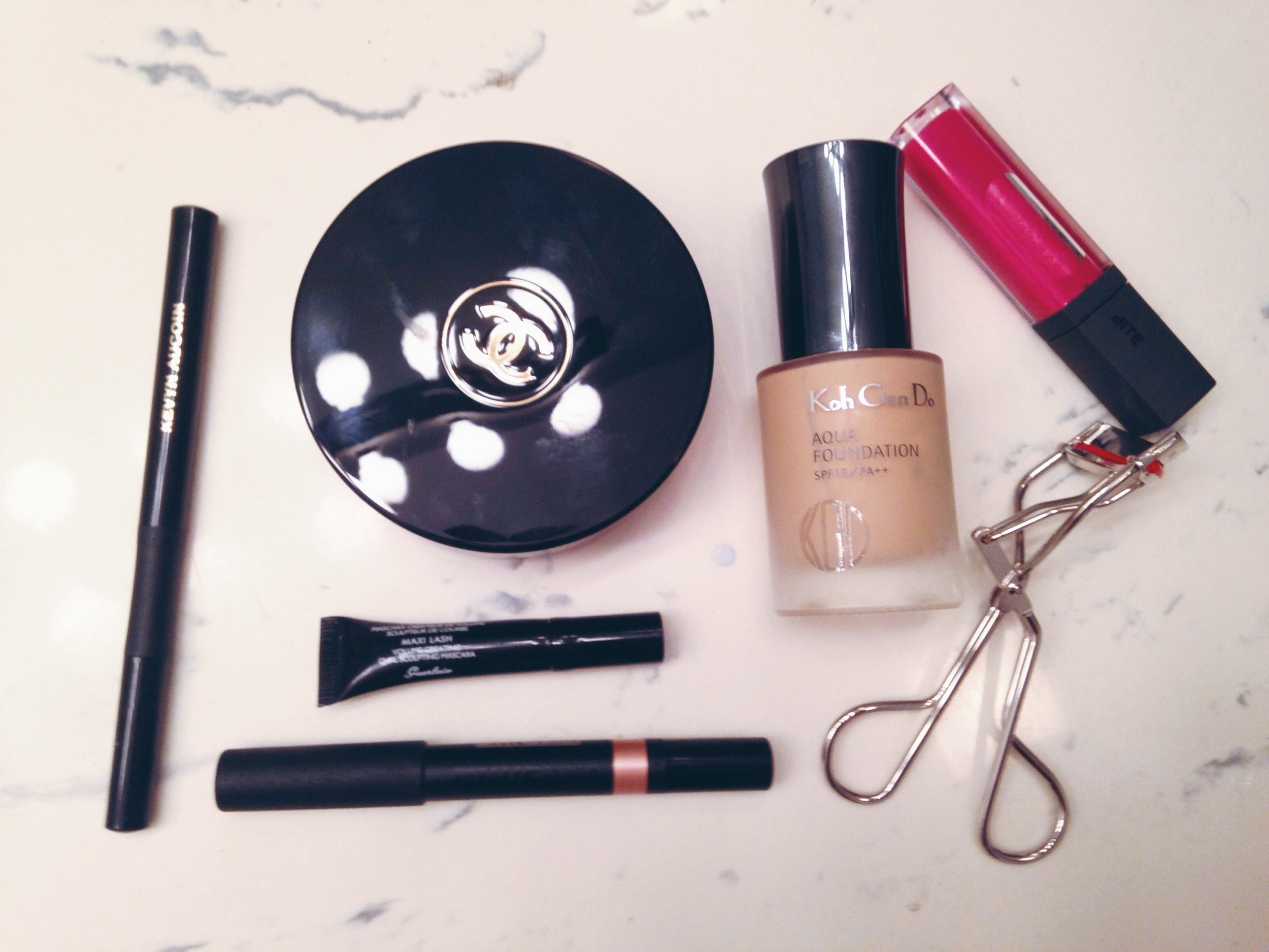 Day 1 -&nbsp;Kevyn Aucoin The Precision Liquid Liner, Chanel Soleil Tan de Chanel, Guerlain Cils d'Enfer Maxi Lash Mascara, Nudestix Magnetic Eye Color in Angel*, Koh Gen Do Aqua Foundation, Kevyn Aucoin Eyelash Curler, Bite Cashmere Lip Cream in Sa…