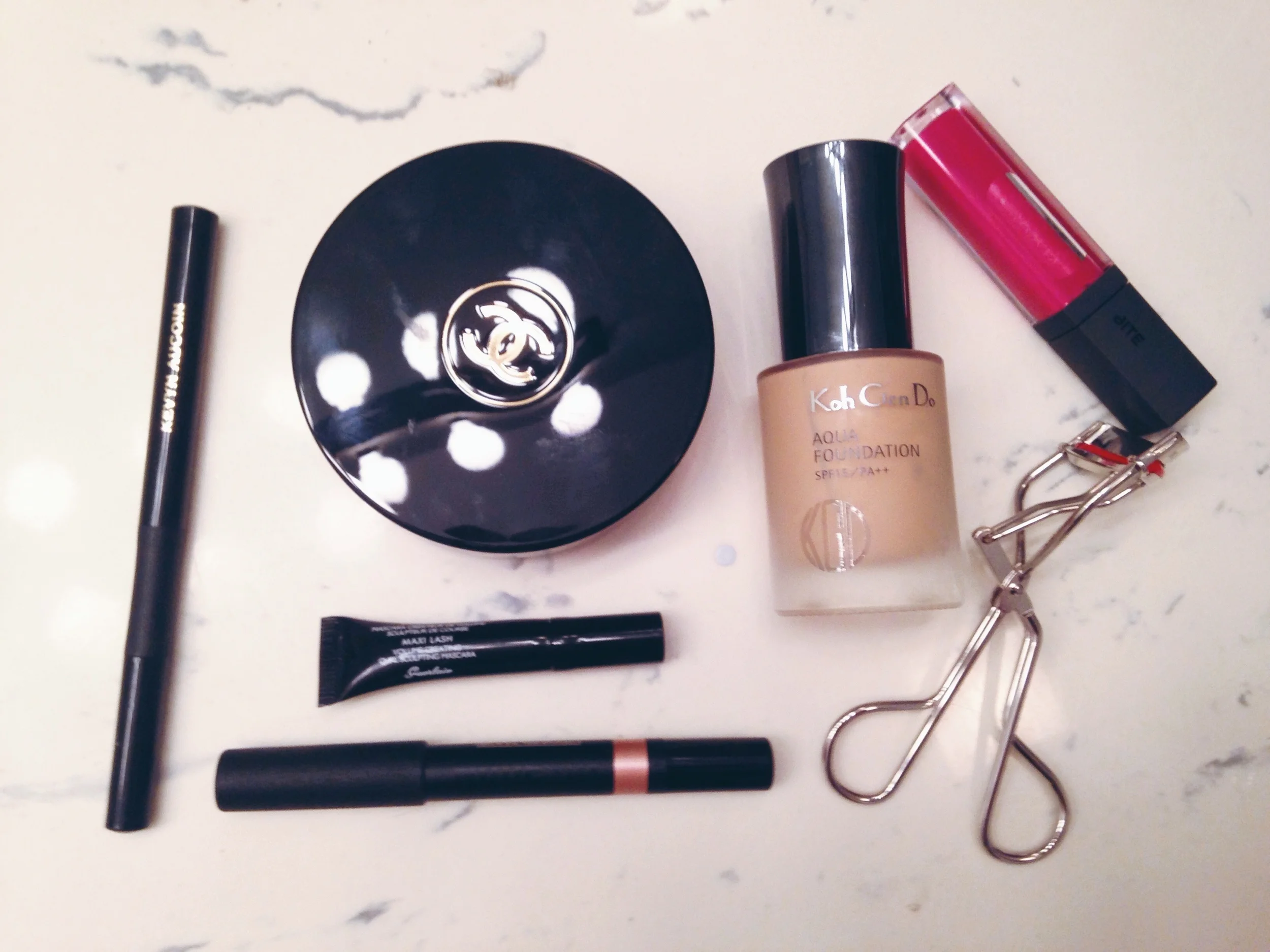Day 1 - Kevyn Aucoin The Precision Liquid Liner, Chanel Soleil Tan de Chanel, Guerlain Cils d'Enfer Maxi Lash Mascara, Nudestix Magnetic Eye Color in Angel*, Koh Gen Do Aqua Foundation, Kevyn Aucoin Eyelash Curler, Bite Cashmere Lip Cream in Sancerre