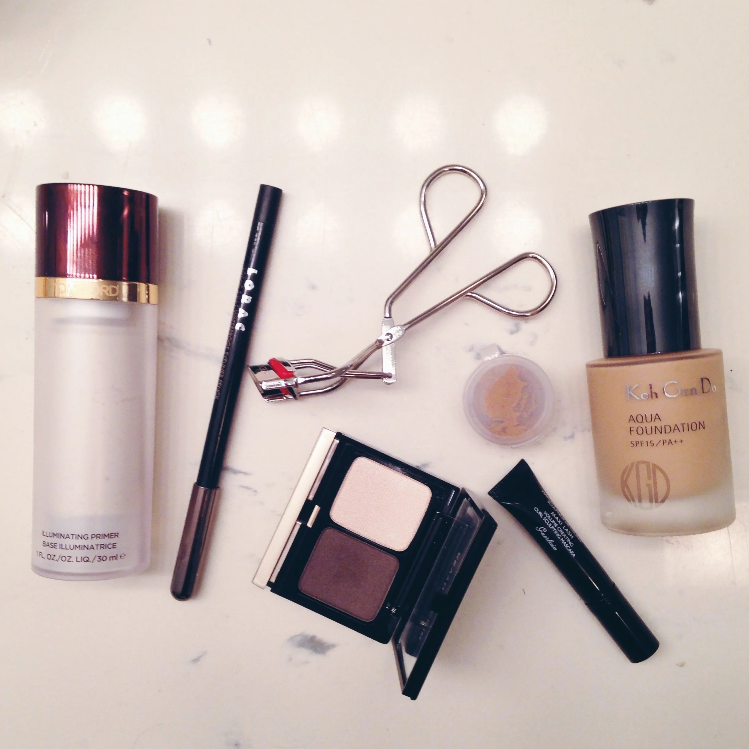 Day 2 - Tom Ford Illuminating Primer, Lorac 3-in-1 Waterproof Eyeliner, Kevyn Aucoin Eyelash Curler, Kevyn Aucoin Eyeshadow Duo, Bourjois Bronzing Primer (sample pot), Guerlain Cils d'Enfer Maxi Lash Mascara, Koh Gen Do Aqua Foundation
