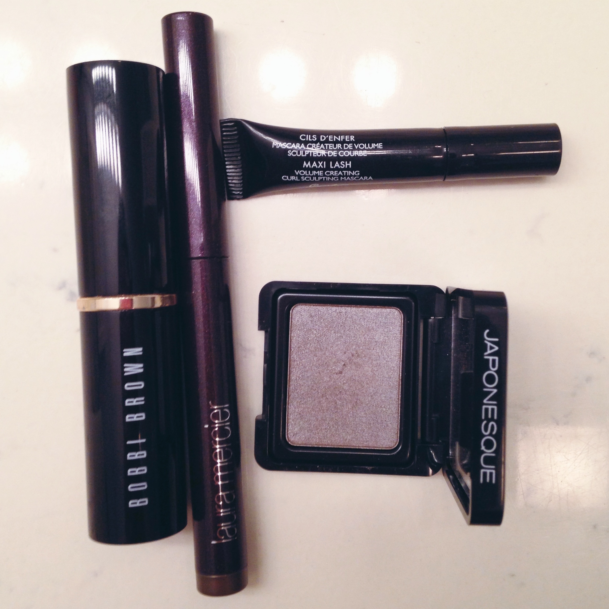 Day 3 - Bobbi Brown Foundation Stick, Laura Mercier Caviar Eye Stick in Khaki, Guerlain Cils d'Enfer MaxiLash Mascara, Japonesque Velvet Touch Eyeshadow
