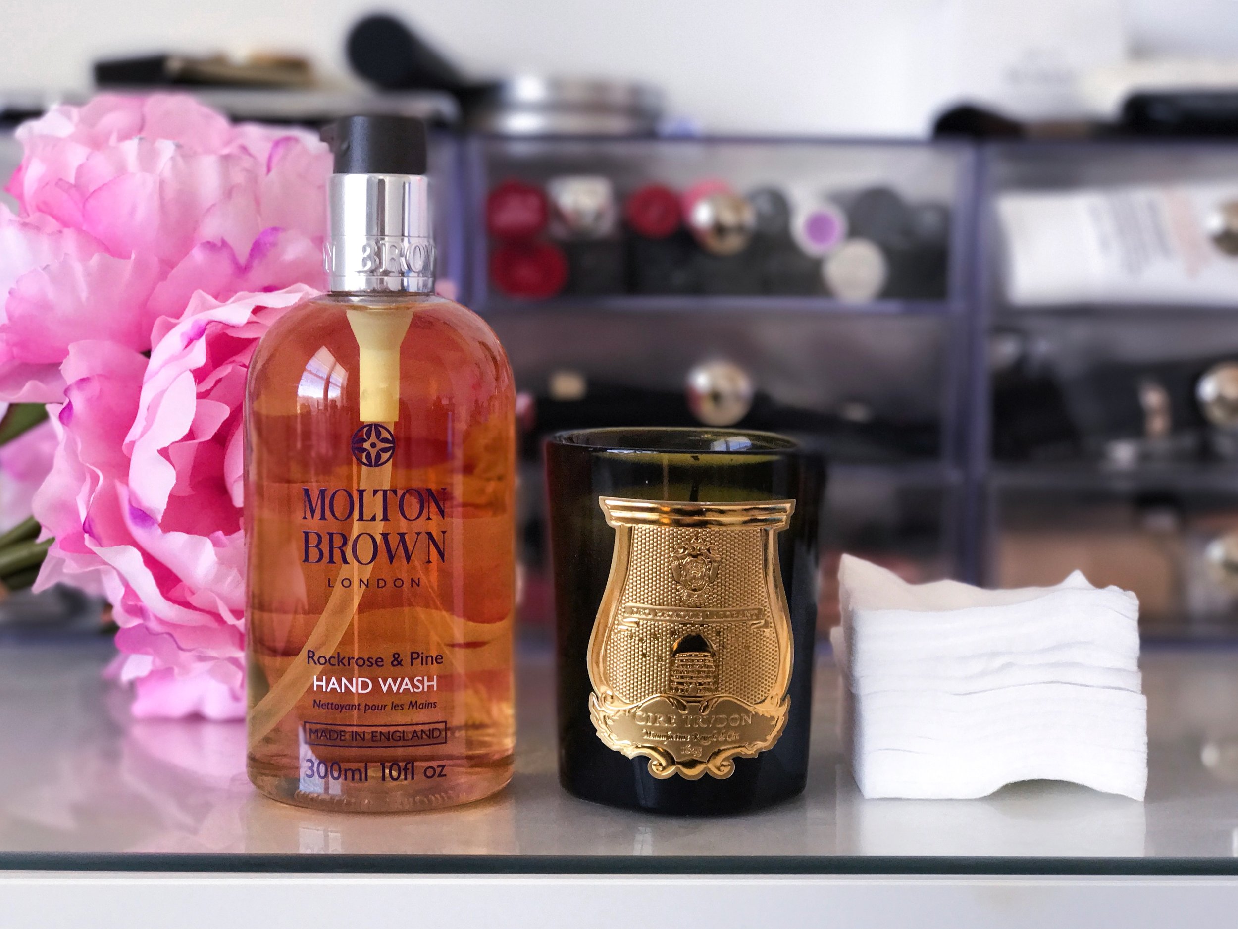 Molton Brown Rockrose &amp; Pine Hand Wash, Cire Trudon Dada Candle, Shiseido Facial Cottons