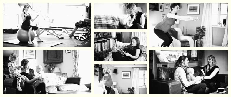 collage of images showing pregnant women working out, relaxing at home and meeting friends