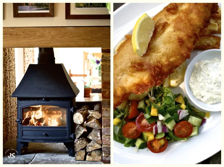 The Royal Exchange Hartbury log burner and fish and chips