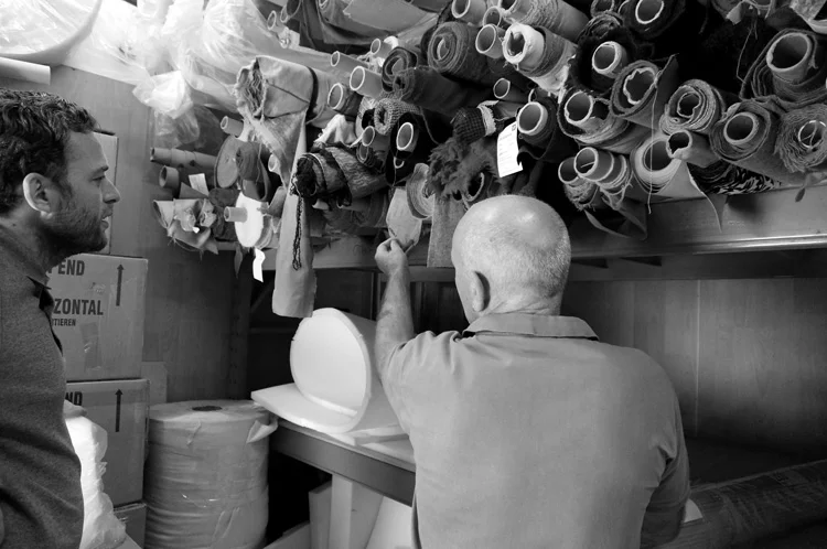 A visit to our upholsterers, a short drive away from the studio.