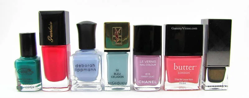 L-R: Color Club Wild Cactus, Guerlain A La Parisienne, Deborah Lippmann Blue Orchid, YSL Bleu Celadon, Chanel Sweet Lilac, Butter London Trout Pout, Burberry Metallic Khaki