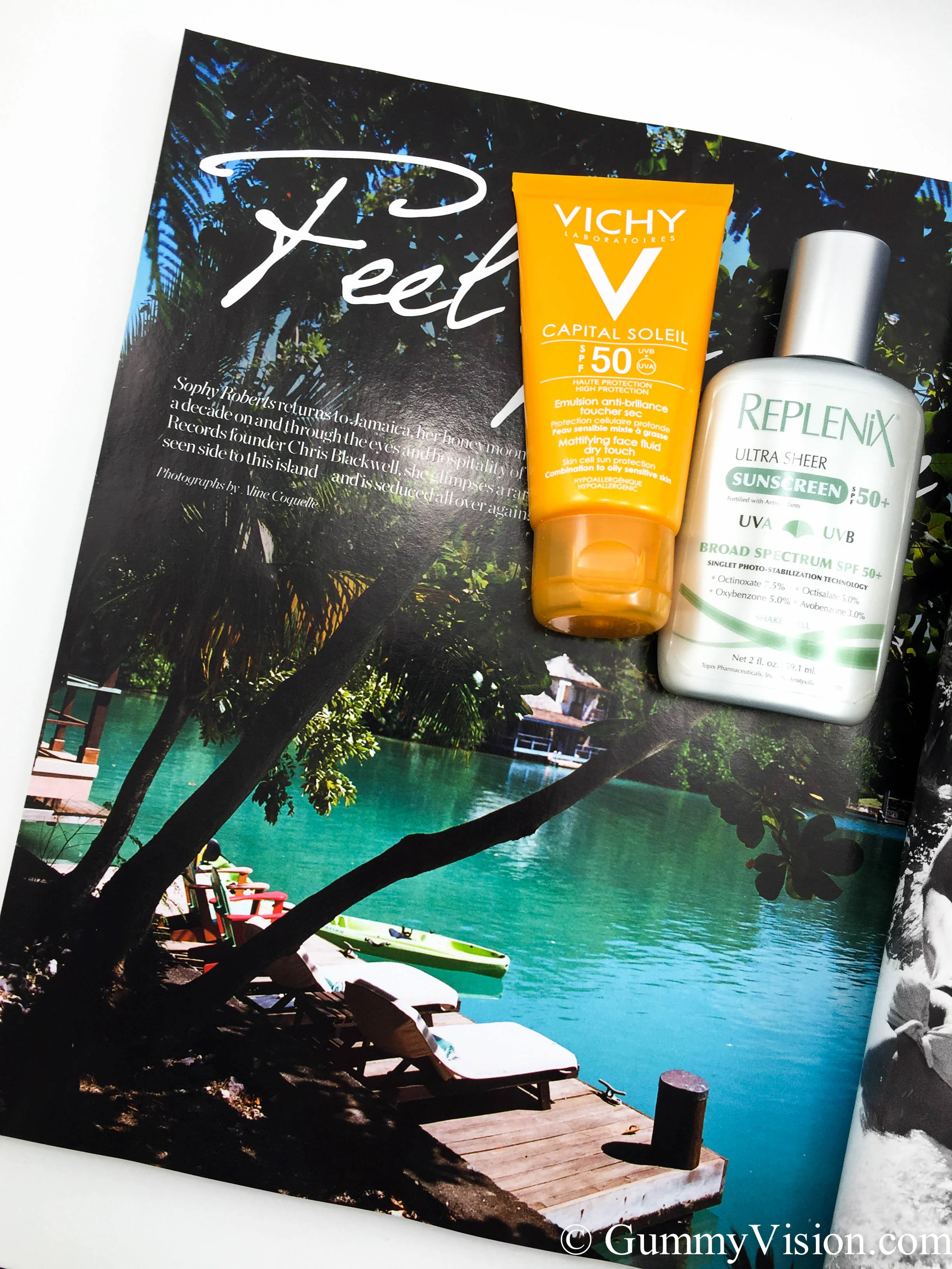 Vichy Capital Soleil Mattifying Face Fluid Dry Touch SPF50 (European version) & Replenix Ultra Sheer Sunscreen SPF50+. Magazine is Net-A-Porter Fall 2014.