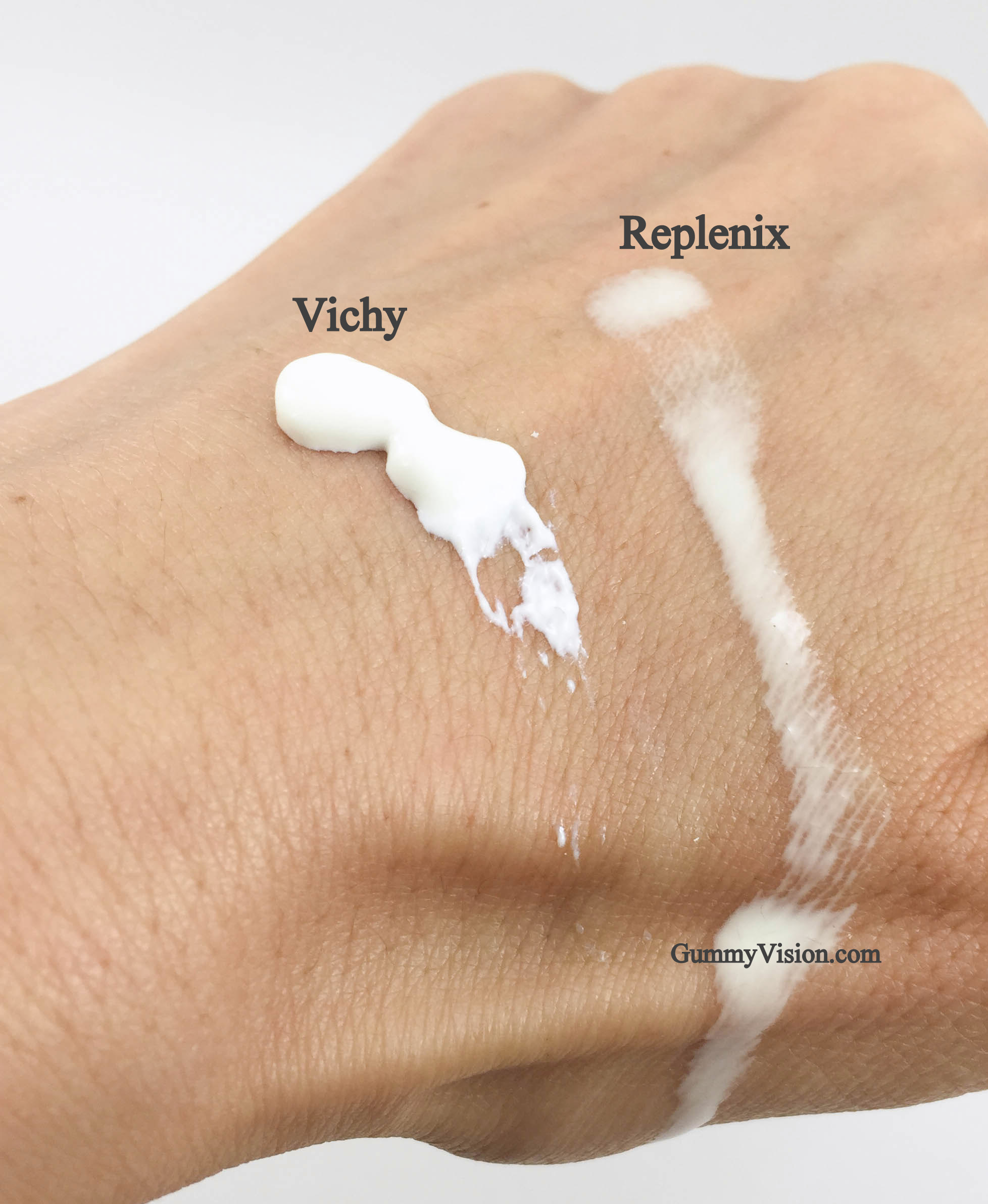 Click image to enlarge. Consistency of Vichy Capital Soleil Mattifying Face Fluid Dry Touch SPF50 (European version) & Replenix Ultra Sheer Sunscreen SPF50+