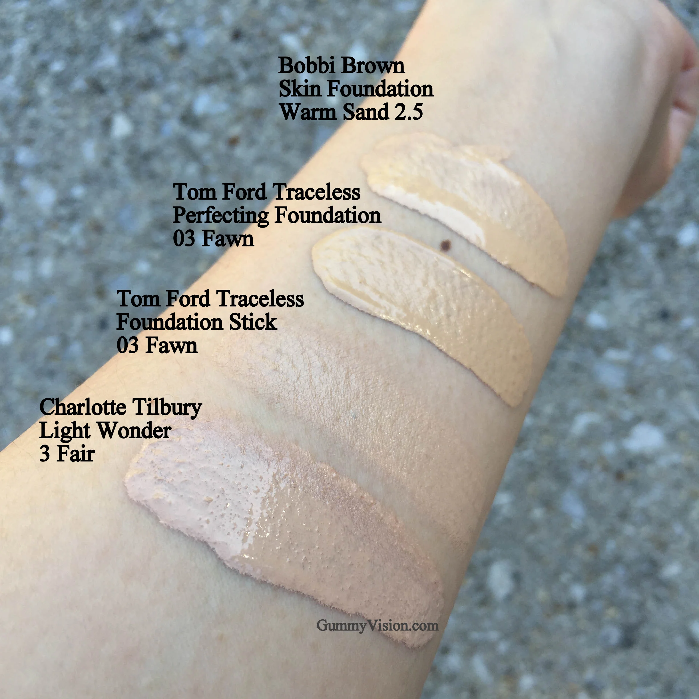 Bobbi Brown Skin Foundation in Warm Sand 2.5, Tom Ford Traceless Perfecting Foundation SPF15 in 03 Fawn, Tom Ford Traceless Foundation Stick in 03 Fawn - My best, near spot on match, Charlotte Tilbury Light Wonder in 03 Fair - www.gummyvision.com