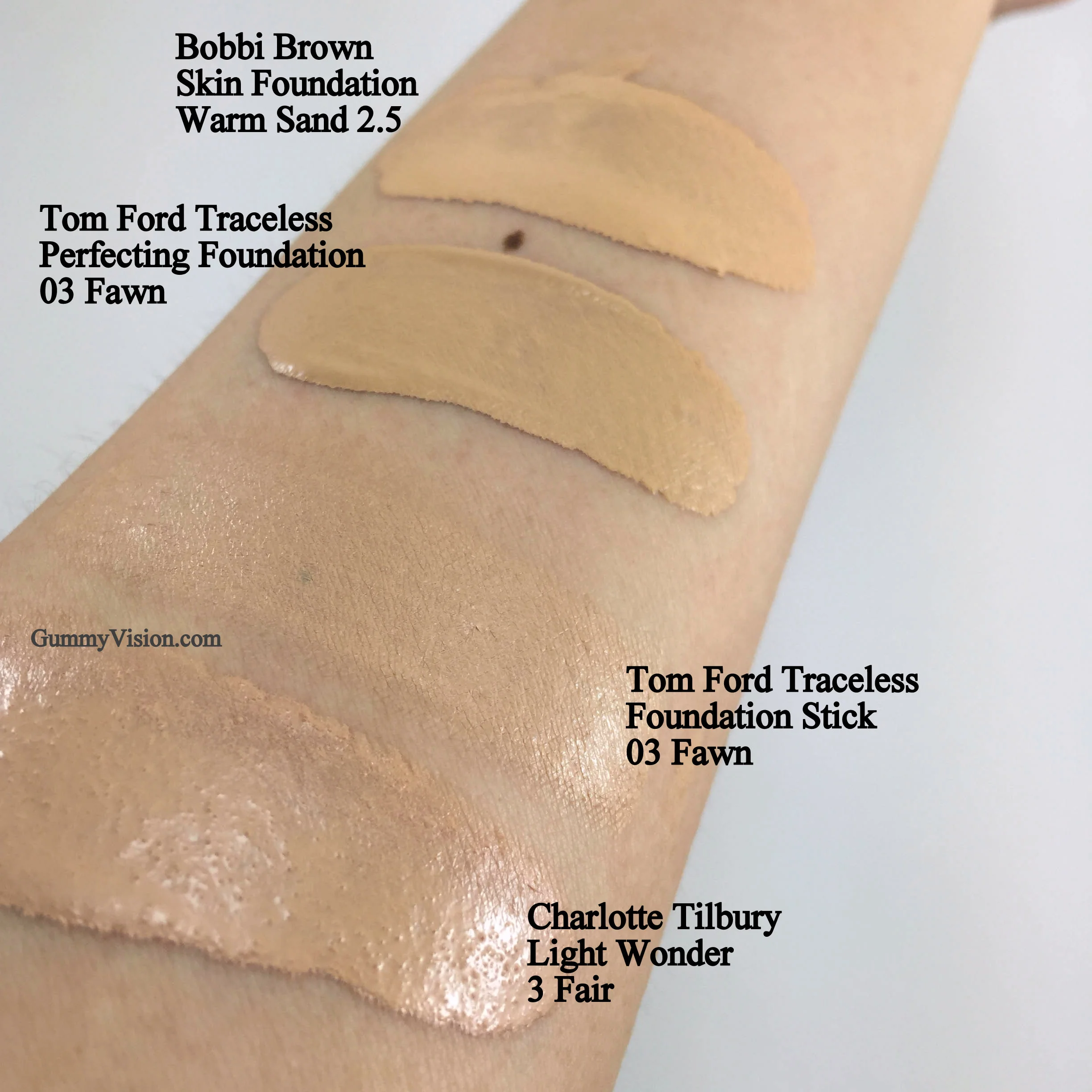 Bobbi Brown Skin Foundation in Warm Sand 2.5, Tom Ford Traceless Perfecting Foundation SPF15 in 03 Fawn, Tom Ford Traceless Foundation Stick in 03 Fawn - My best, near spot on match, Charlotte Tilbury Light Wonder in 03 Fair - www.gummyvision.com