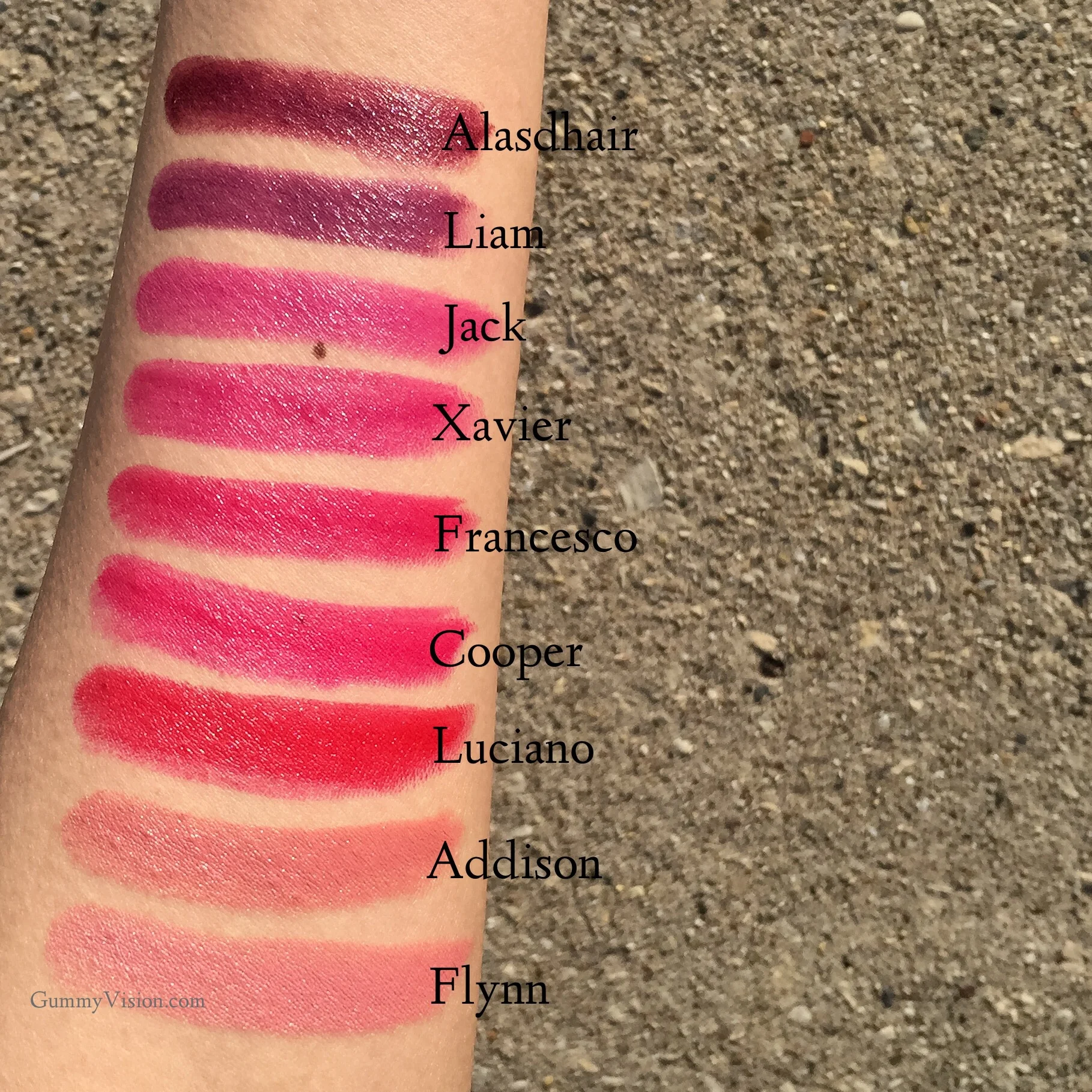 Outdoor Winter sunlight swatches: Tom Ford Lips & Boys in Flynn, Addison, Luciano, Cooper, Francesco, Xavier, Jack, Liam, Alasdhair - www.gummyvision.com