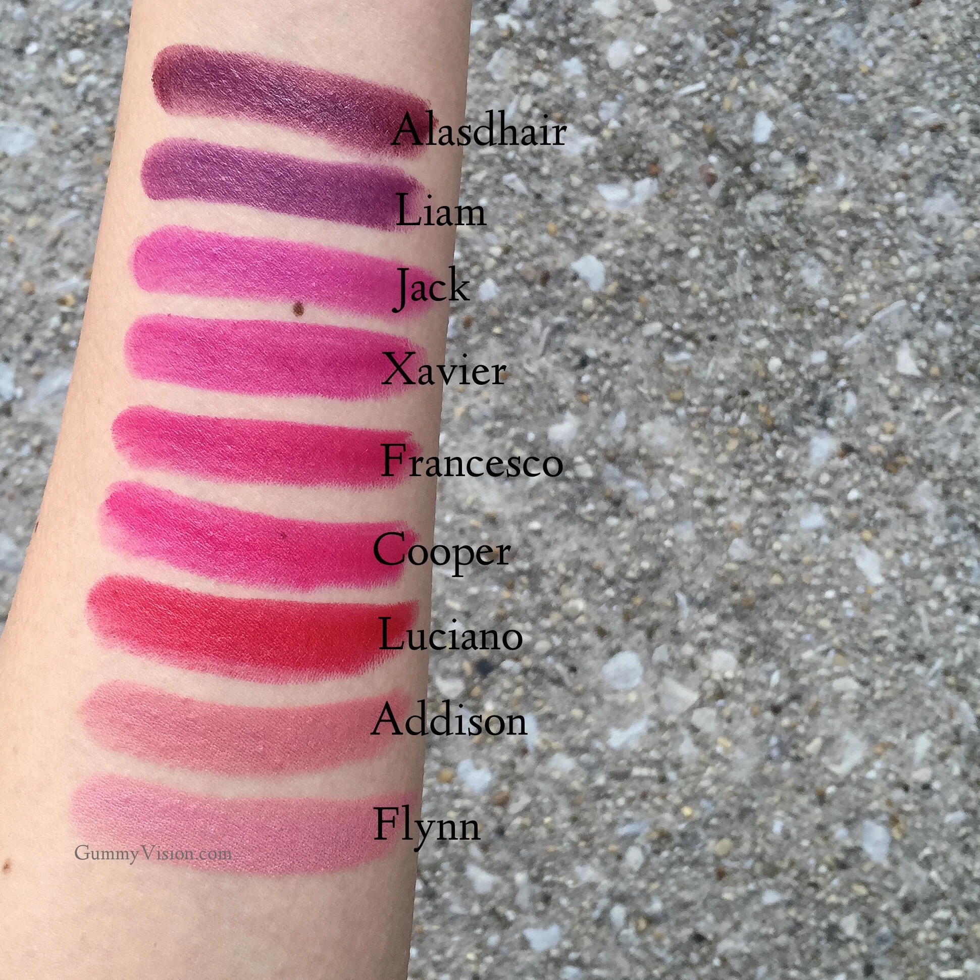 Outdoor Winter shade swatches: Tom Ford Lips & Boys in Flynn, Addison, Luciano, Cooper, Francesco, Xavier, Jack, Liam, Alasdhair - www.gummyvision.com